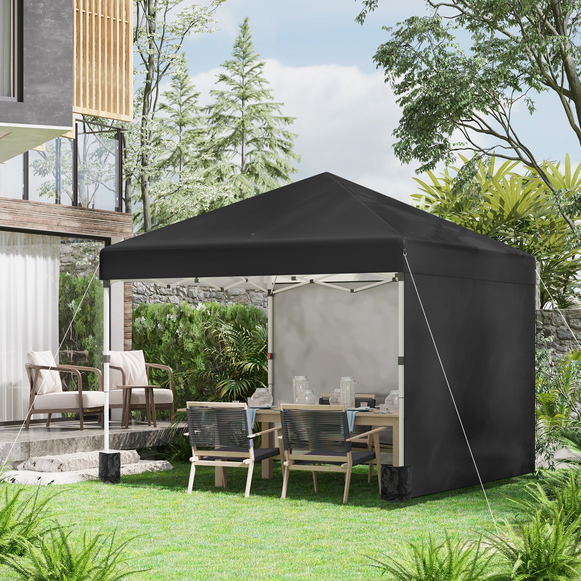 Pop-up folding garden gazebo adjustable in height UV 30+ protection 2 sidewalls - includes carrying bag - for outdoor party, event - 297 x 297 x 288 cm black