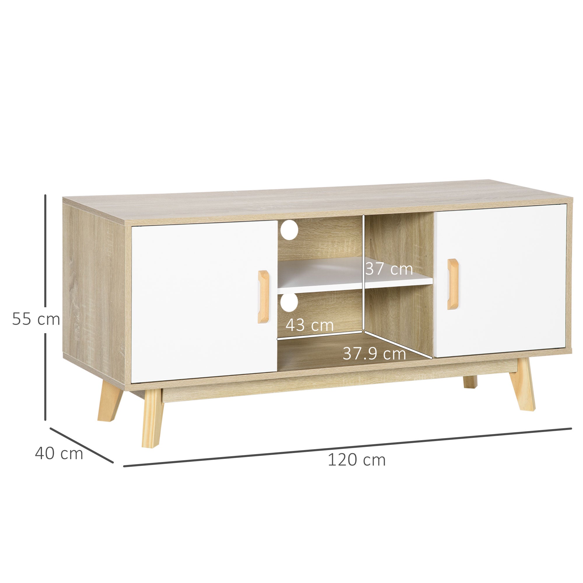 TV Stand for TVs up to 55 Inches Modern TV Stand with 2 Doors 2 Open Shelves and Adjustable Shelf for Bedroom 120x40x55 cm Natural and White