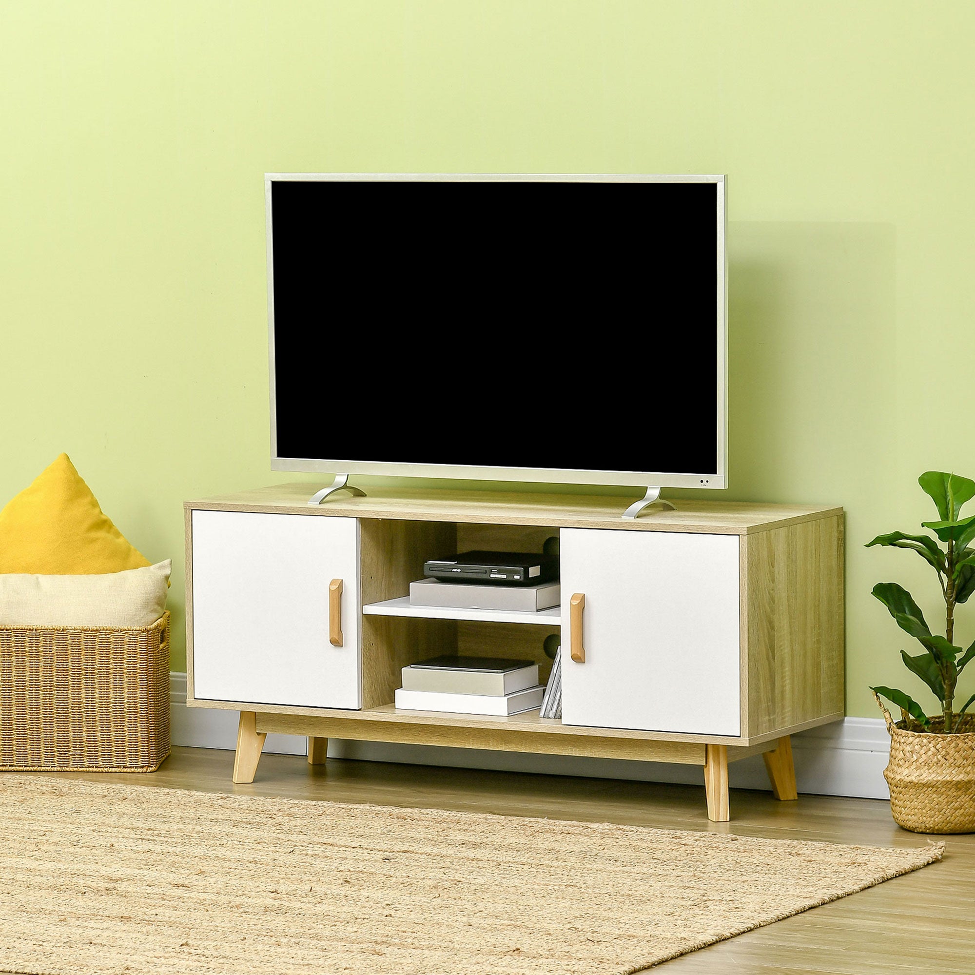 TV Stand for TVs up to 55 Inches Modern TV Stand with 2 Doors 2 Open Shelves and Adjustable Shelf for Bedroom 120x40x55 cm Natural and White