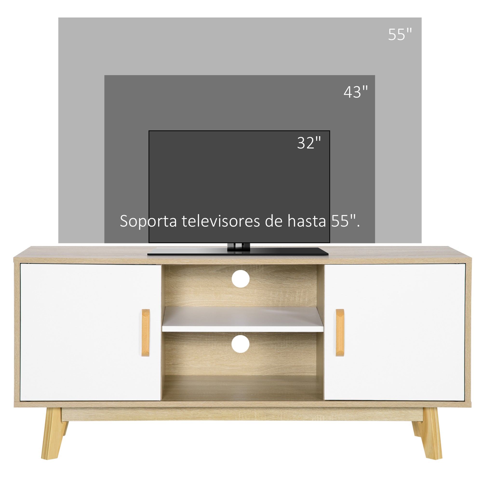 TV Stand for TVs up to 55 Inches Modern TV Stand with 2 Doors 2 Open Shelves and Adjustable Shelf for Bedroom 120x40x55 cm Natural and White