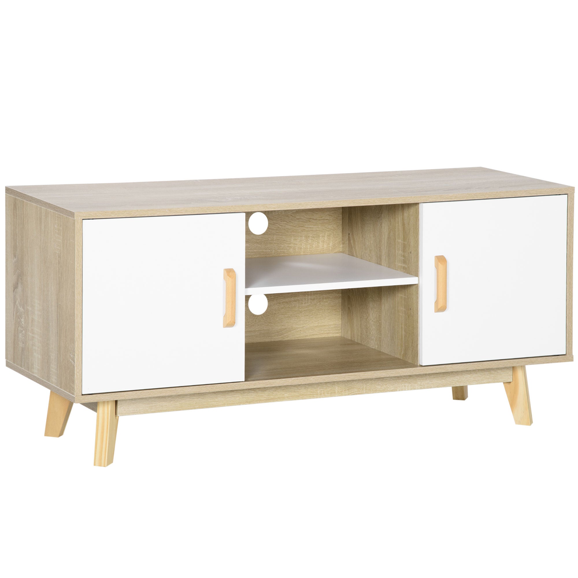 TV Stand for TVs up to 55 Inches Modern TV Stand with 2 Doors 2 Open Shelves and Adjustable Shelf for Bedroom 120x40x55 cm Natural and White