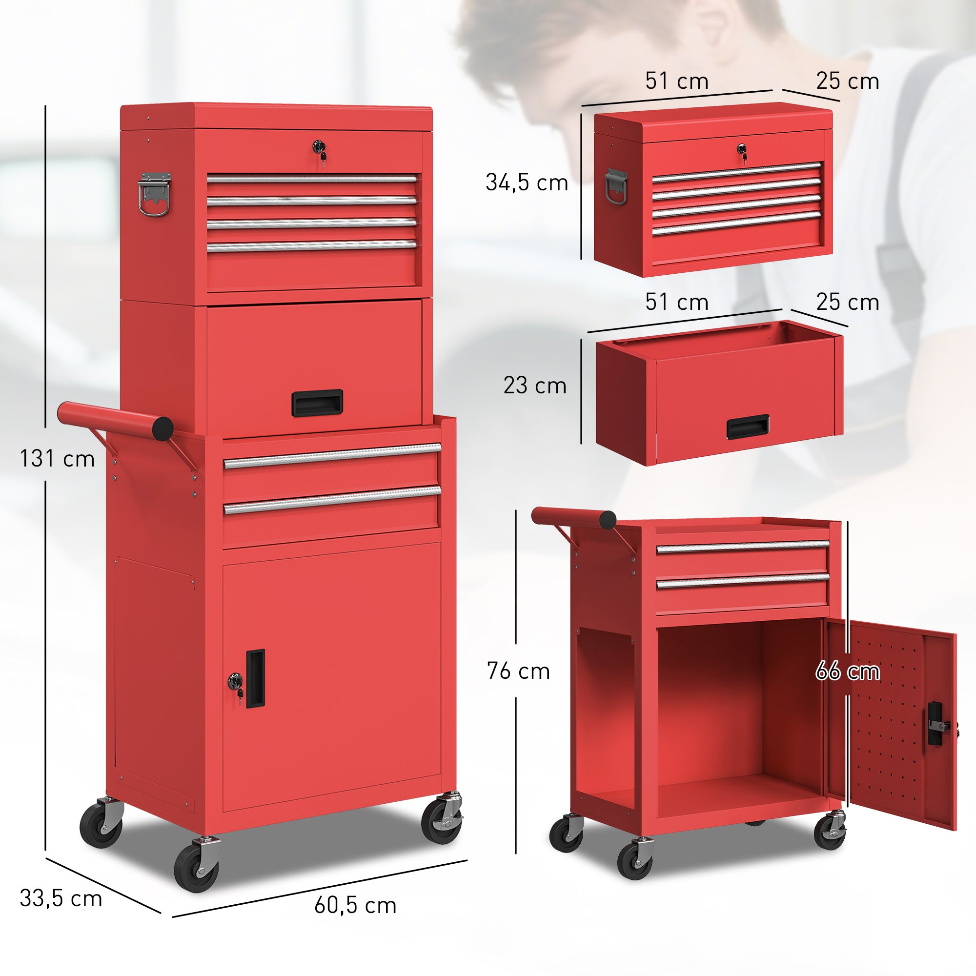 Workshop Trolley with Toolbox, 6 Drawers & Pegboard, Lockable, Empty Tool Cart with Handle, Steel Cabinet on Wheels, Red