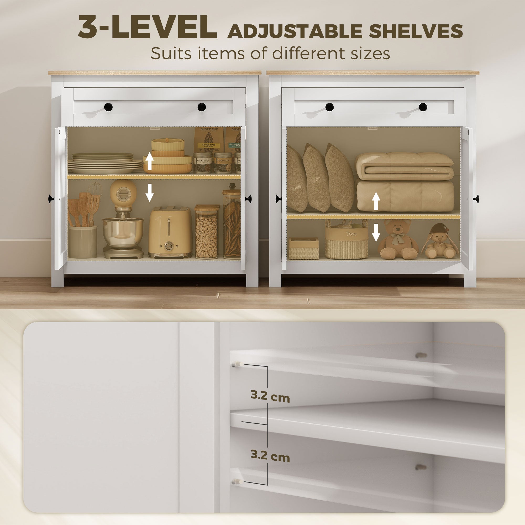 Sideboard Kitchen Cabinet with Drawer, Double Doors & Adjustable Shelf, White Oak-Effect — 30.9 x 13.8 x 31.5 in