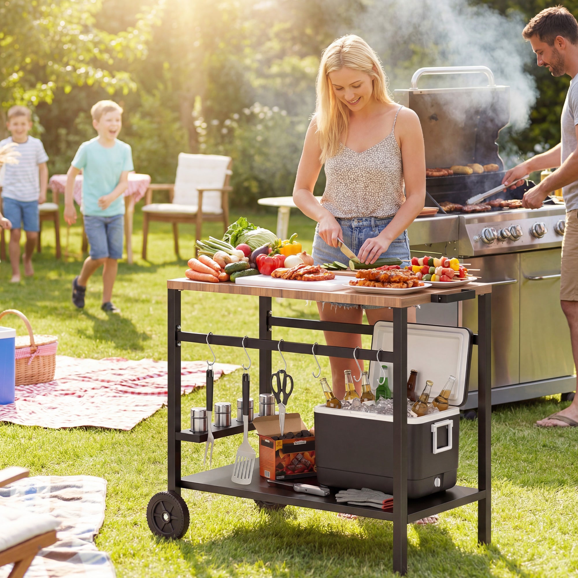 2-Tier Mobile BBQ Cart with Wood-Effect Top, Drink Holder, Hooks & Wheels — Black/Brown