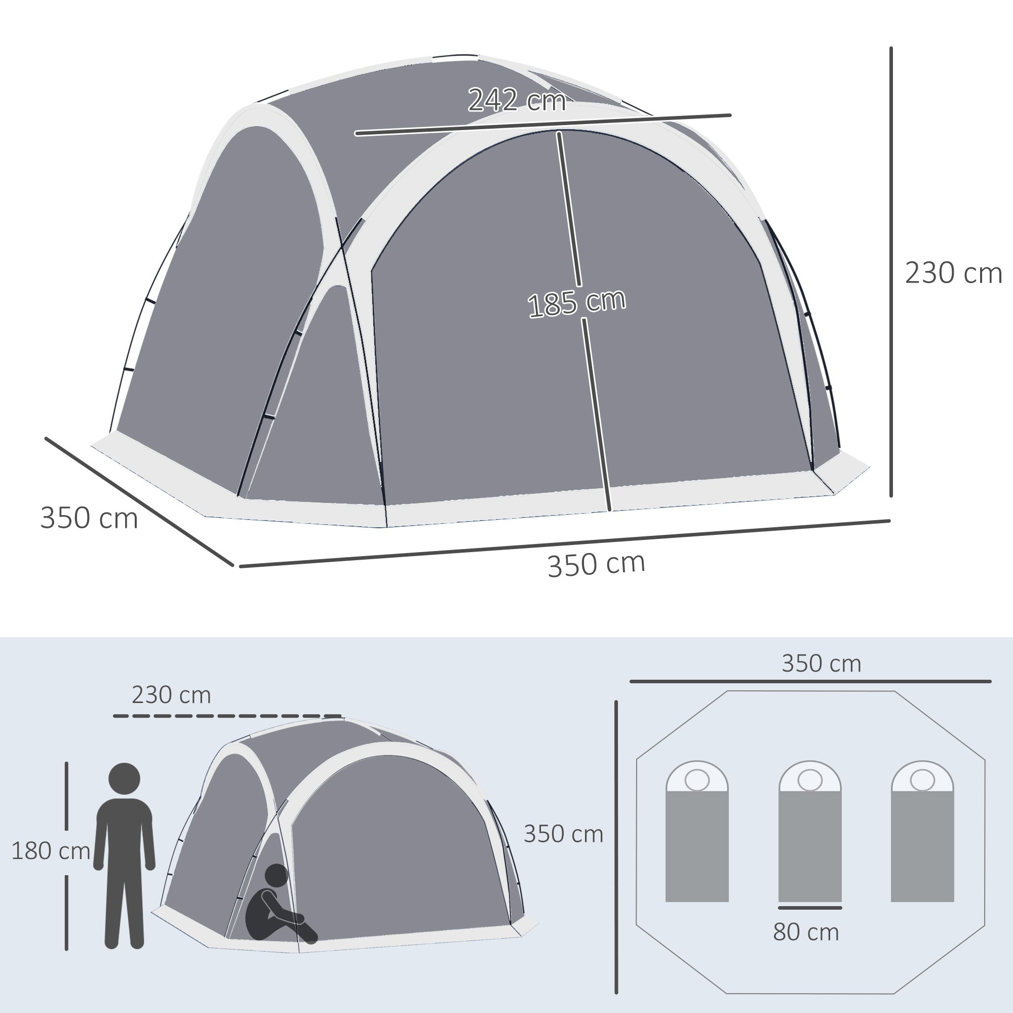 Portable Tent for 6-8 People Beach Camping Tent with 4 Mesh Screens Hook and Anti-UV Transport Bag for Fishing Hiking 137.8"x137.8"x90.6" Gray and White