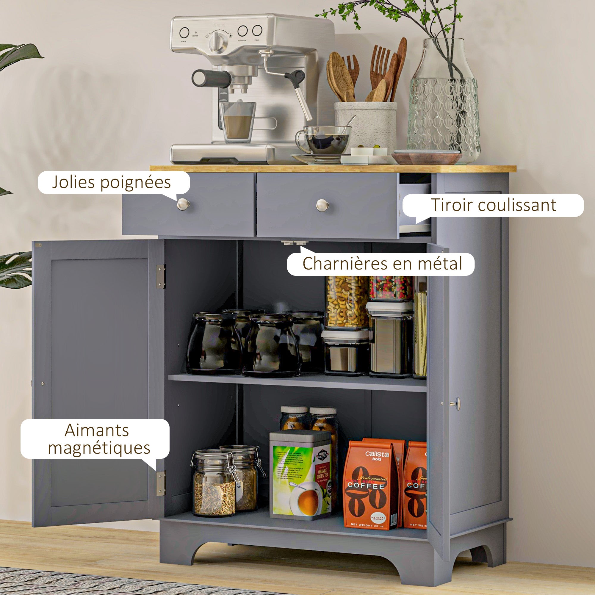 Living Room Storage Buffet with Cupboards, 2 Drawers, and Adjustable Shelf, Storage Cabinet for Living Room, Kitchen, Bedroom, Gray and Natural Wood