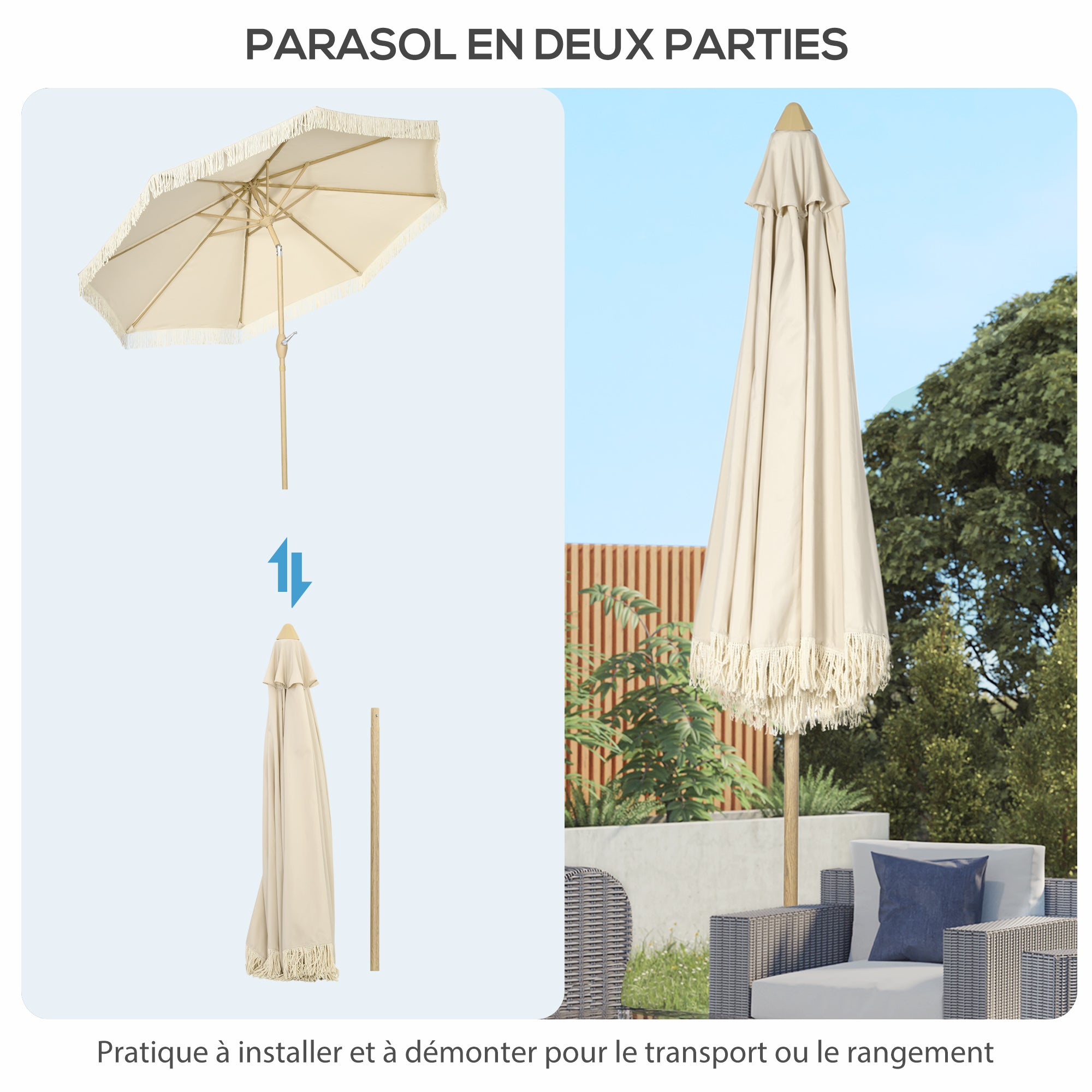 Outdoor Garden Umbrella with Fringes Tilting Garden Umbrella with Crank Metal Pole Bohemian Style 8 Ribs Ø 265 x 244H cm Cream