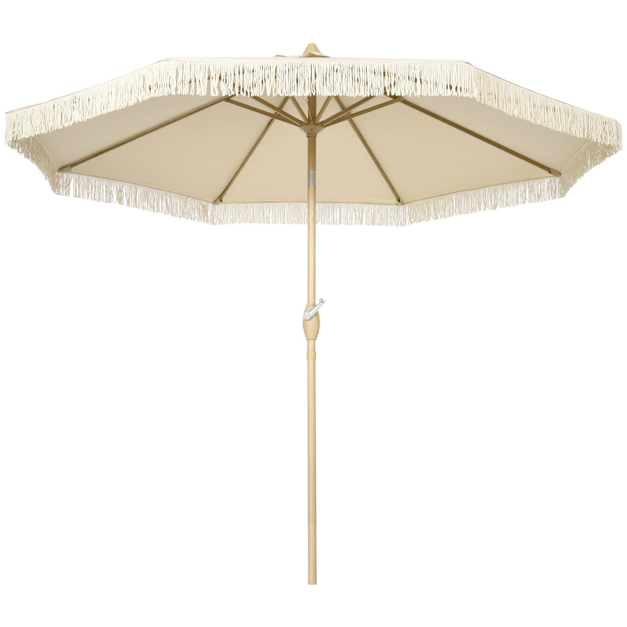 Outdoor Garden Umbrella with Fringes Tilting Garden Umbrella with Crank Metal Pole Bohemian Style 8 Ribs Ø 265 x 244H cm Cream