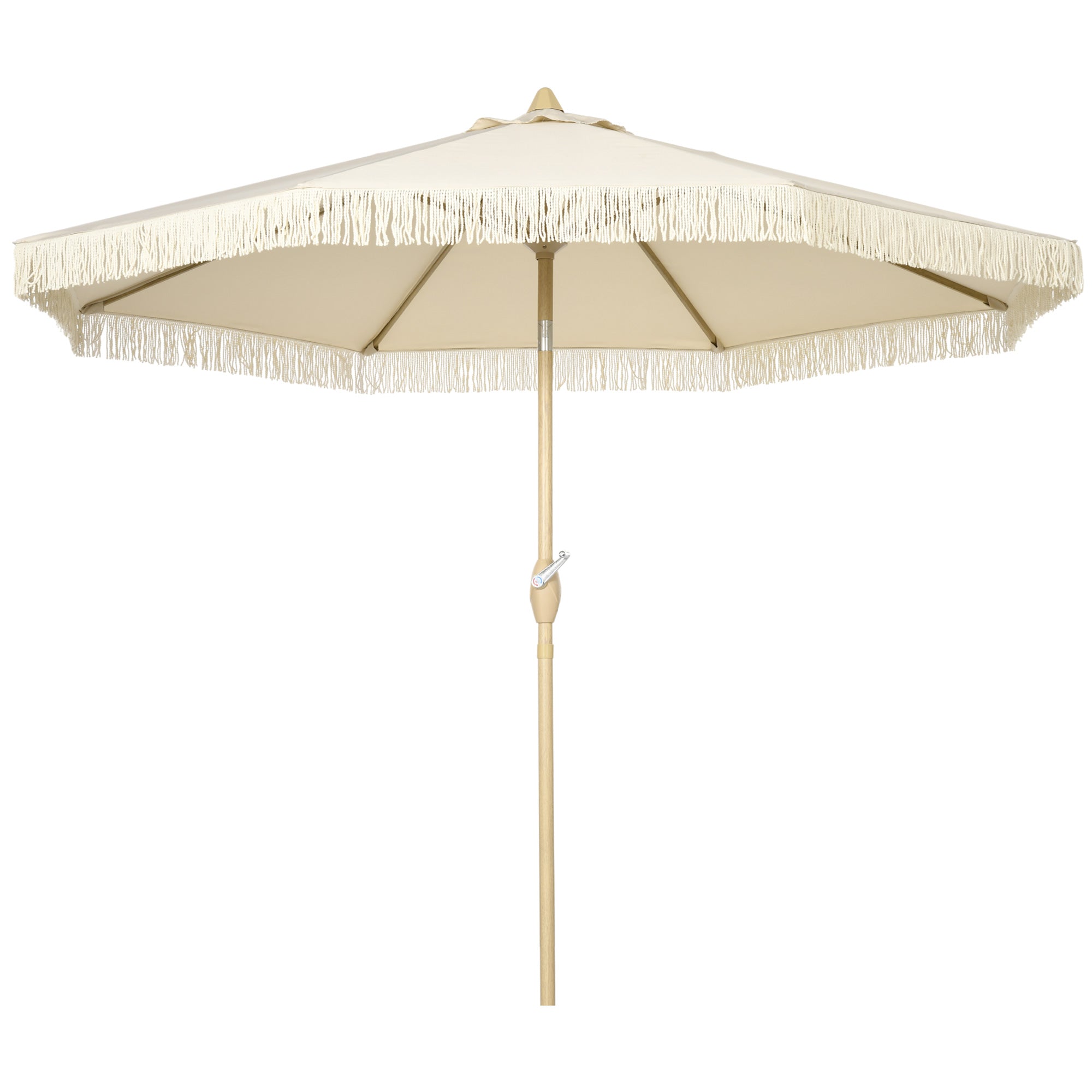 Outdoor Garden Umbrella with Fringes Tilting Garden Umbrella with Crank Metal Pole Bohemian Style 8 Ribs Ø 265 x 244H cm Cream