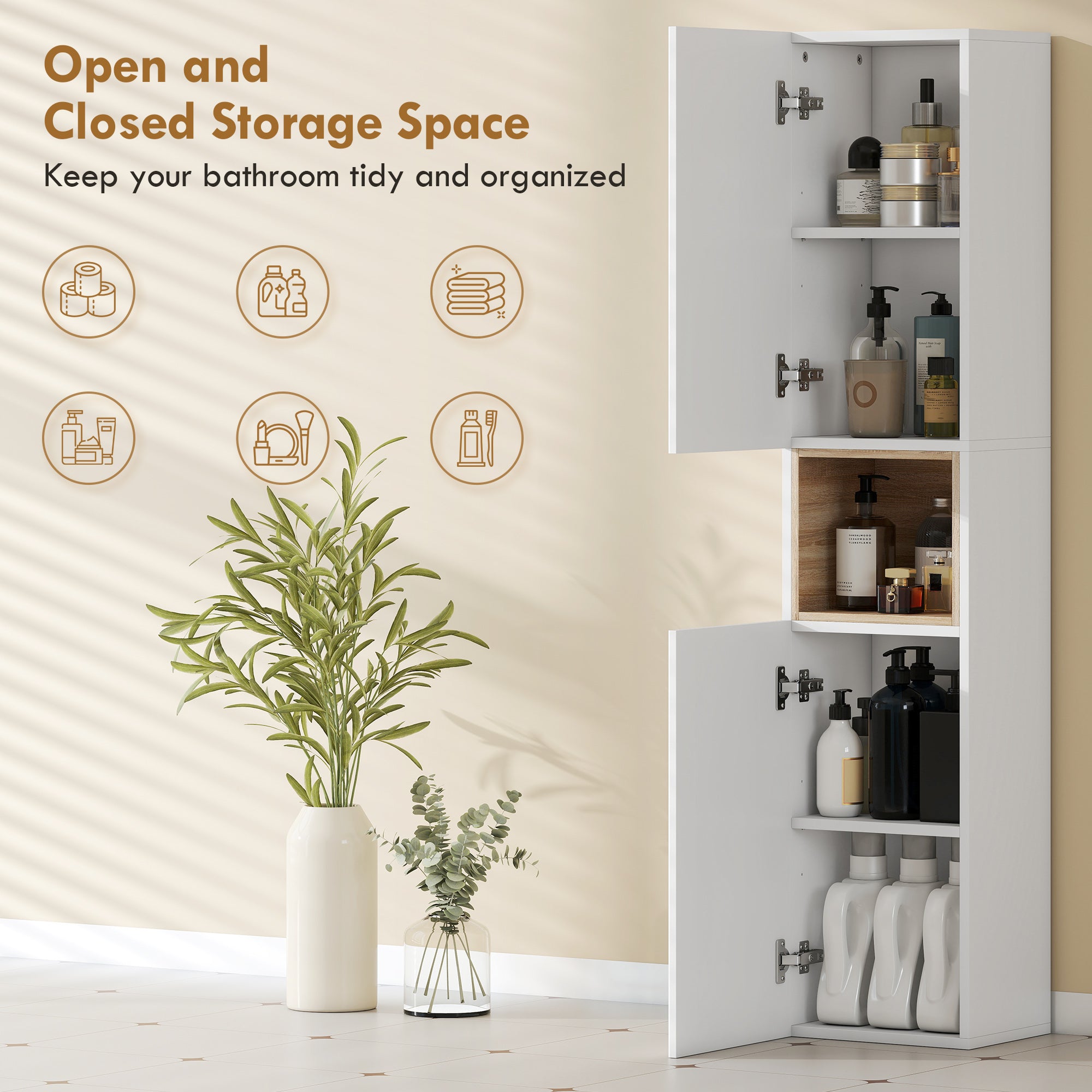 Narrow Tall Bathroom Cabinet — 2 Ribbed Soft-Close Doors, Open Shelf & Adjustable Shelves, 11.8 x 9.4 x 55.1 in, White