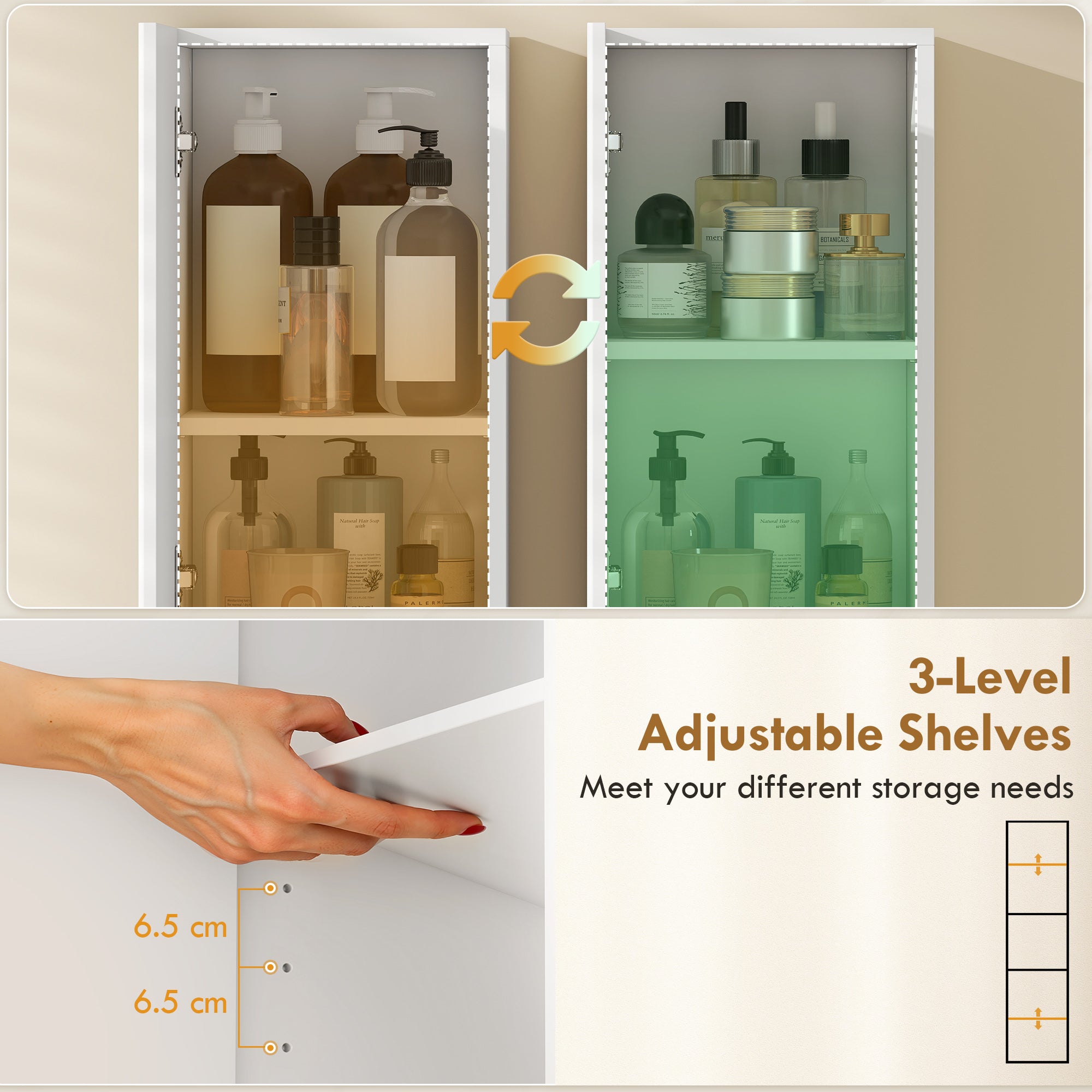 Narrow Tall Bathroom Cabinet — 2 Ribbed Soft-Close Doors, Open Shelf & Adjustable Shelves, 11.8 x 9.4 x 55.1 in, White