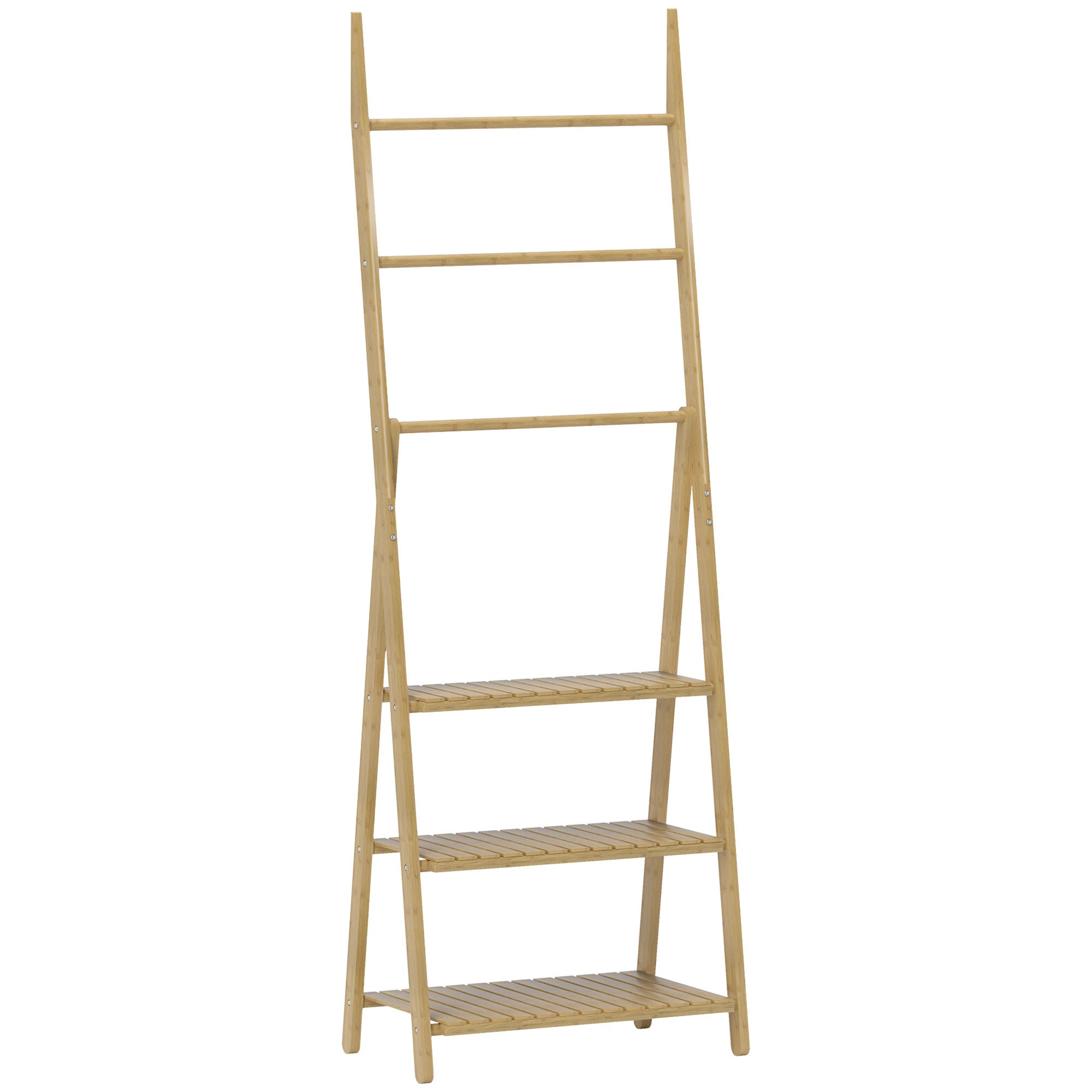 Bamboo Bathroom Shelf with 3 Shelves Foldable Storage Shelf with Towel Bars A-Frame Wood Shelf 53.5x30x53 cm Natural