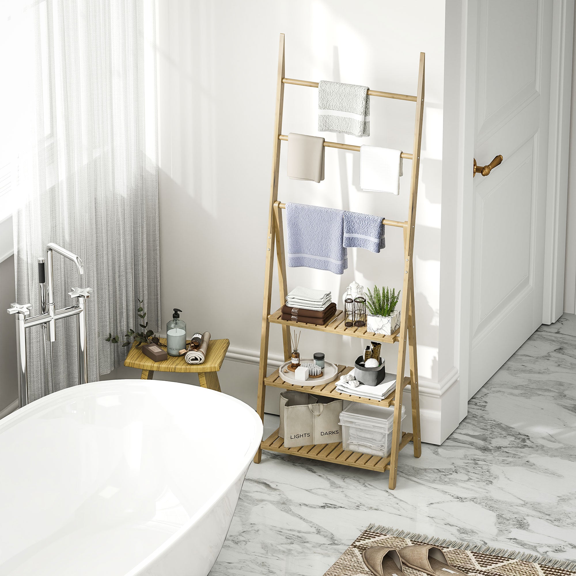 Bamboo Bathroom Shelf with 3 Shelves Foldable Storage Shelf with Towel Bars A-Frame Wood Shelf 53.5x30x53 cm Natural