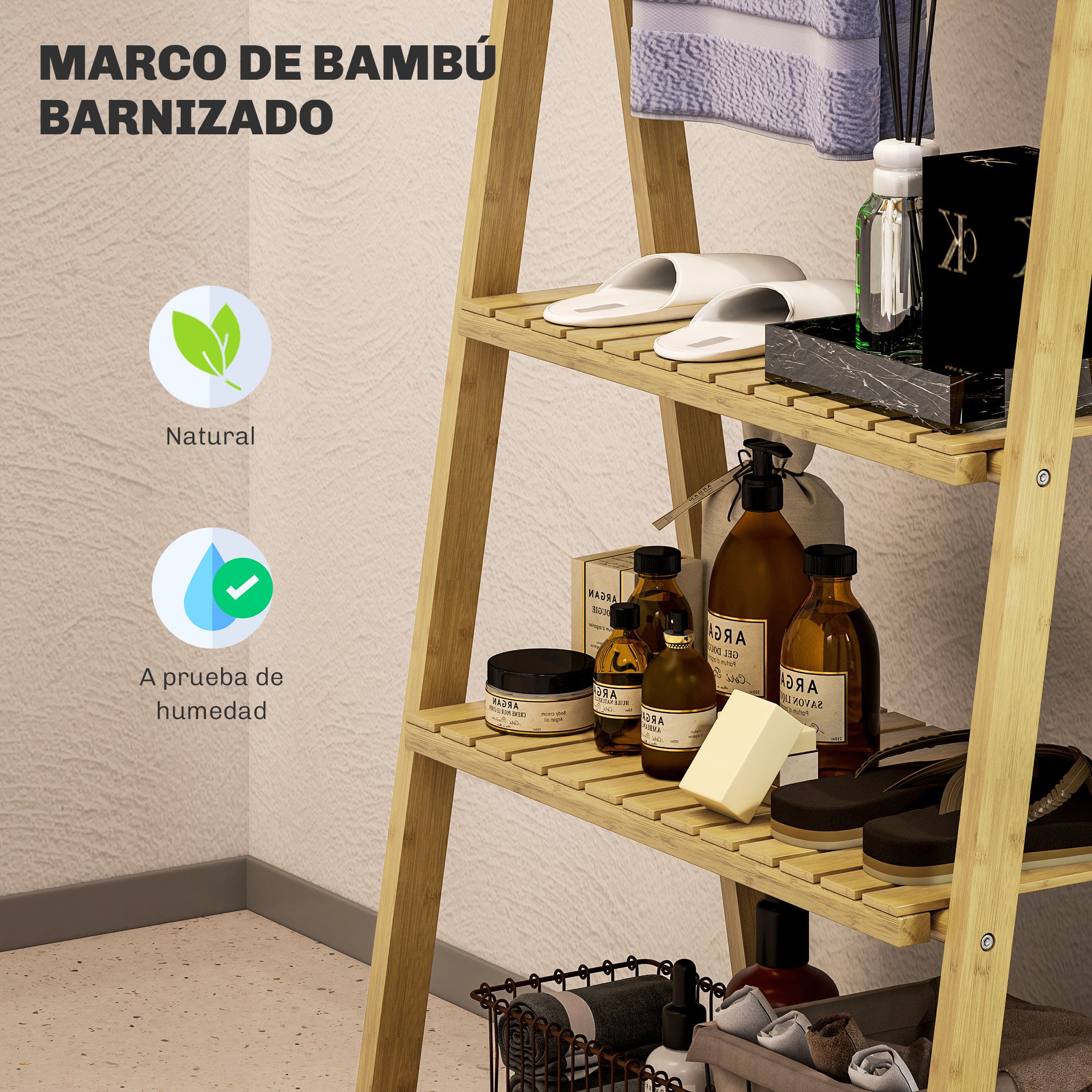Bamboo Bathroom Shelf with 3 Shelves Foldable Storage Shelf with Towel Bars A-Frame Wood Shelf 53.5x30x53 cm Natural