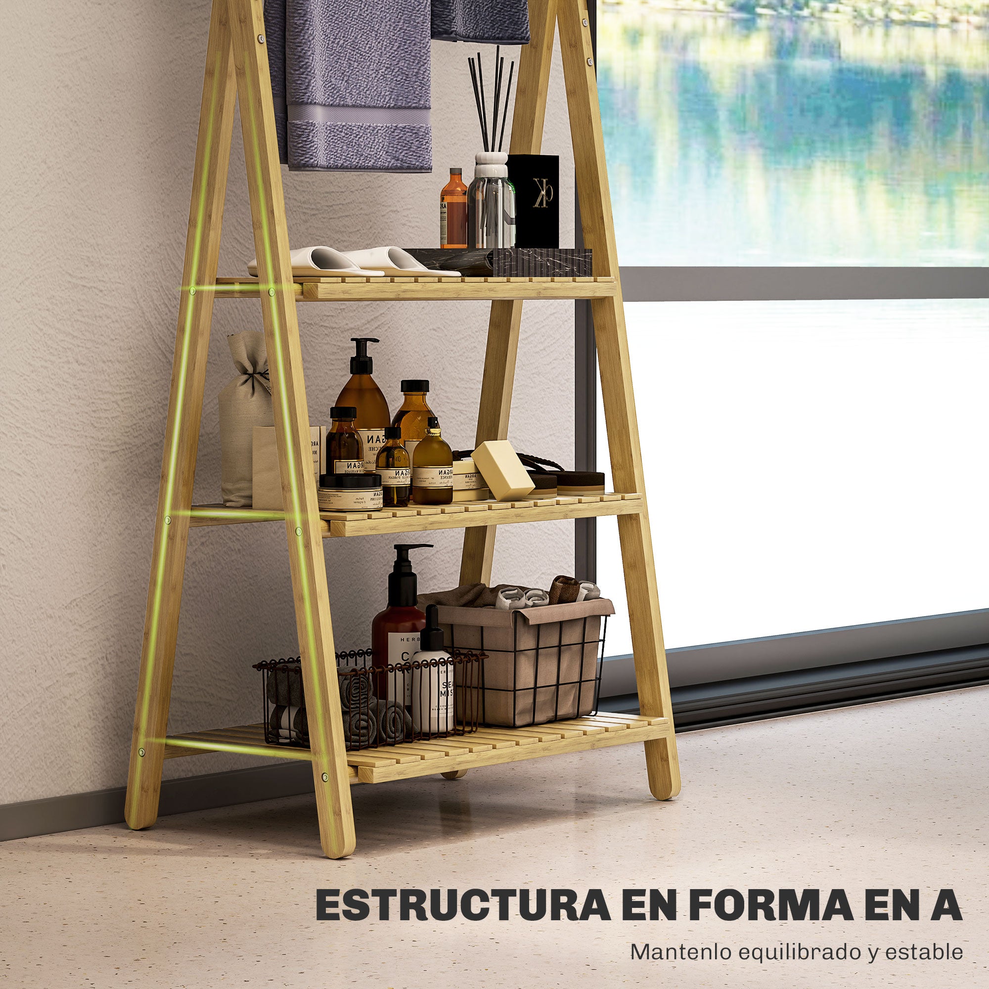 Bamboo Bathroom Shelf with 3 Shelves Foldable Storage Shelf with Towel Bars A-Frame Wood Shelf 53.5x30x53 cm Natural