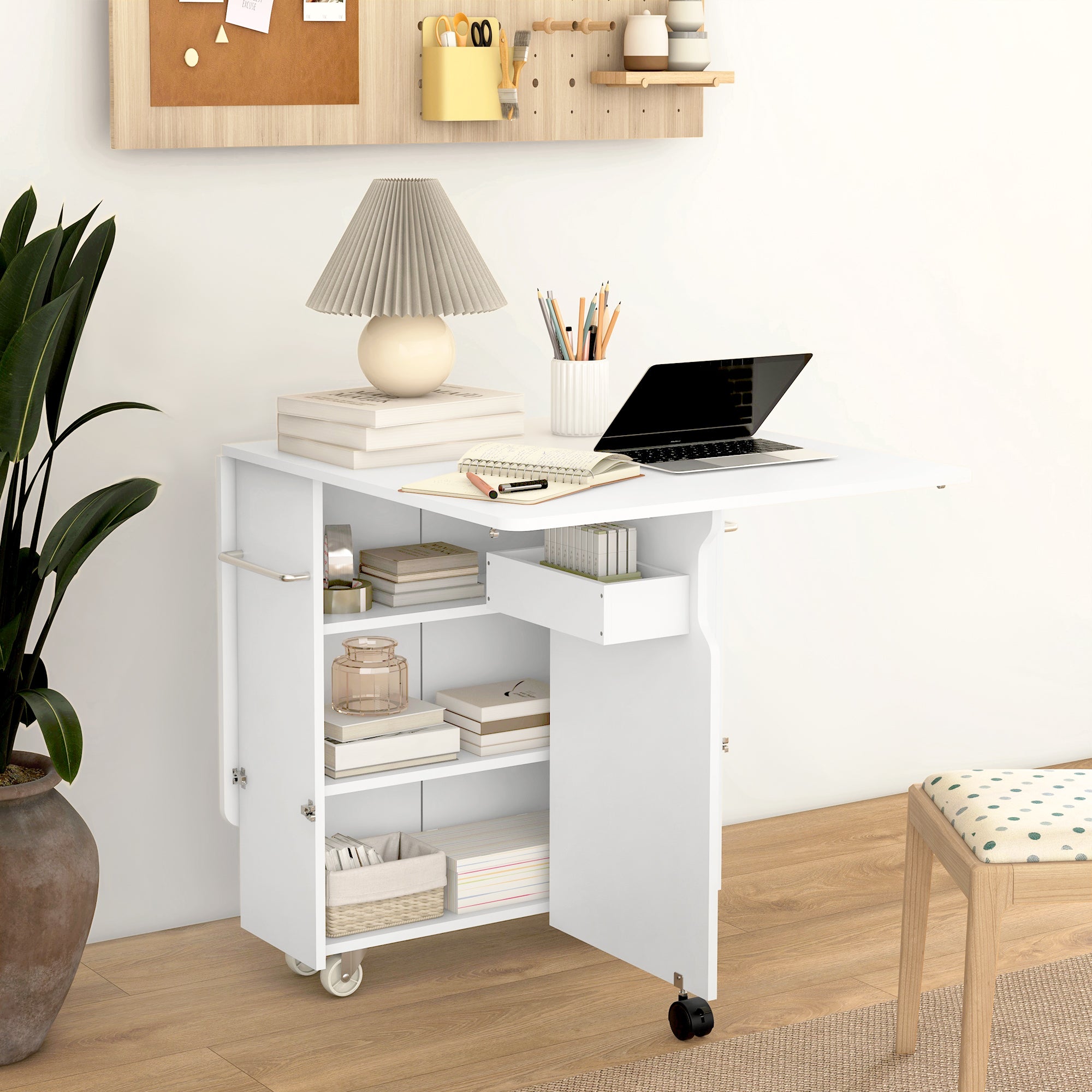Drop Leaf Table with 3 Levels Shelves, Storage Box, and Wheels, Folding Table in MDF, 130x80x76.5 cm, White