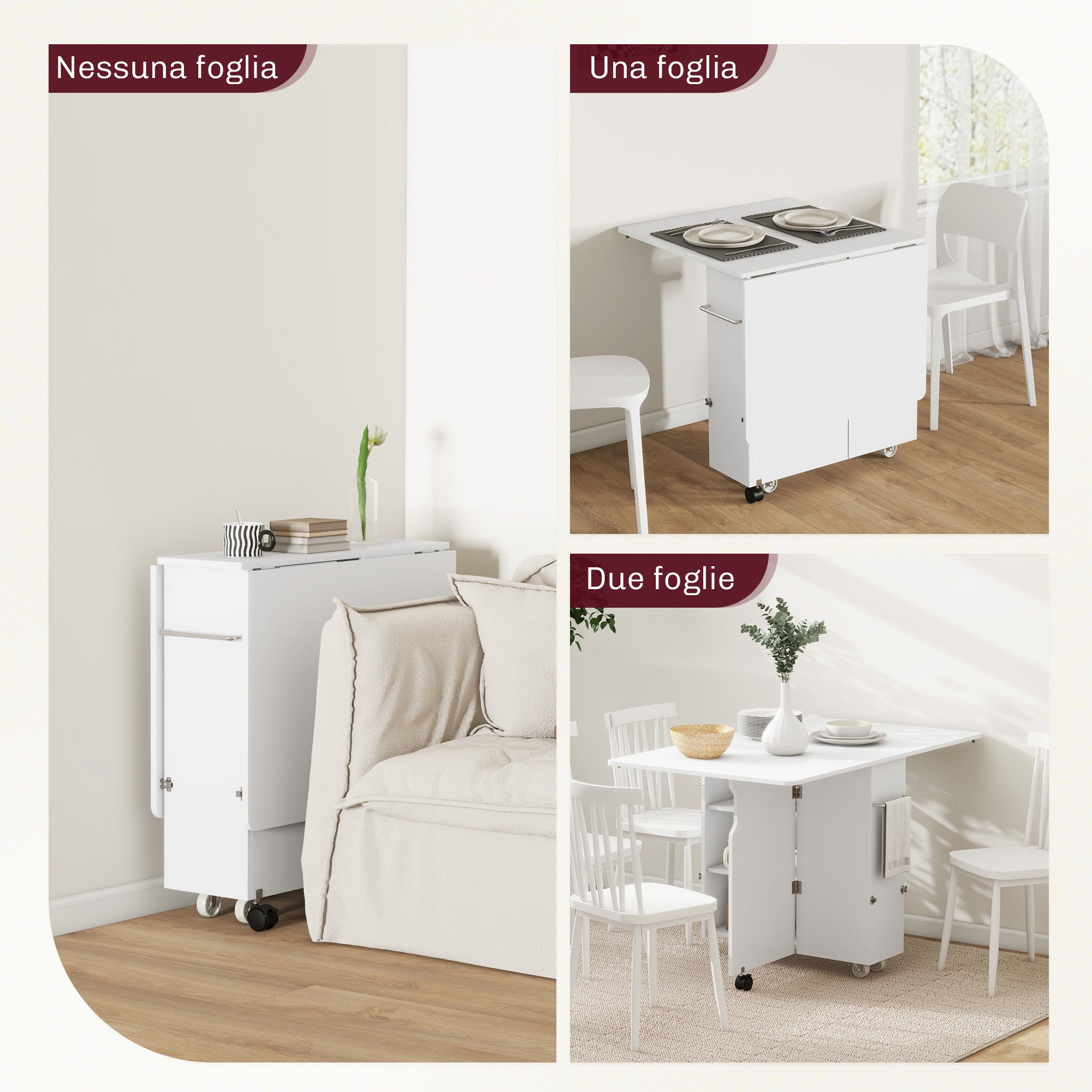 Drop Leaf Table with 3 Levels Shelves, Storage Box, and Wheels, Folding Table in MDF, 130x80x76.5 cm, White