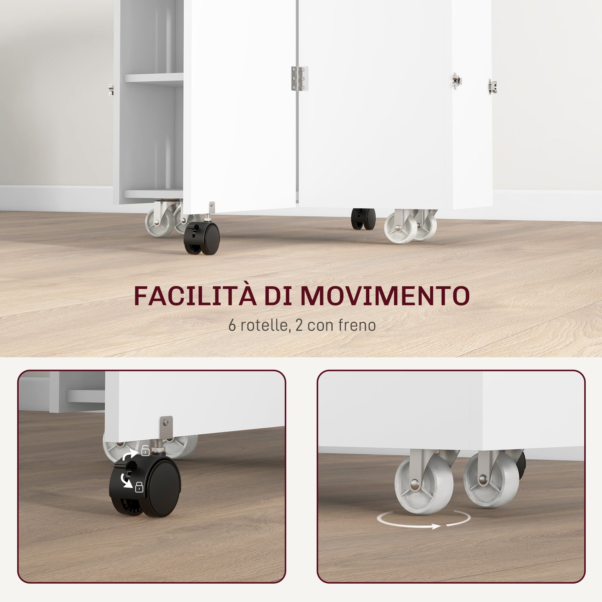 Drop Leaf Table with 3 Levels Shelves, Storage Box, and Wheels, Folding Table in MDF, 130x80x76.5 cm, White