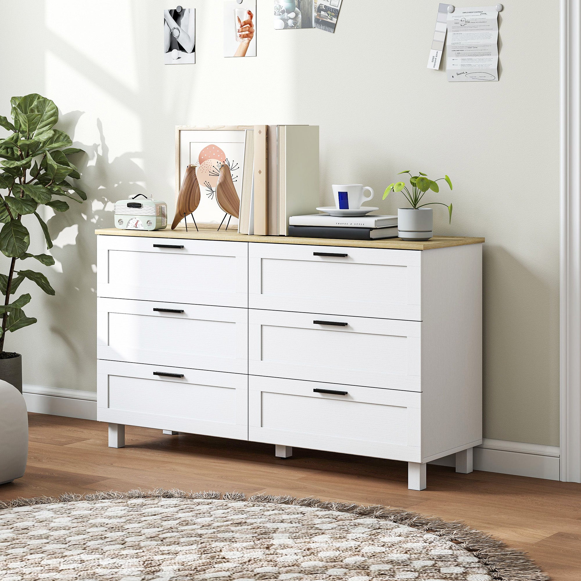 6-Drawer Dresser, Storage Cabinet with Pine Legs, Modern Style, for Bedroom, Living Room, Hallway, 47.2 x 15.0 x 28.0 in, Natural Wood & White
