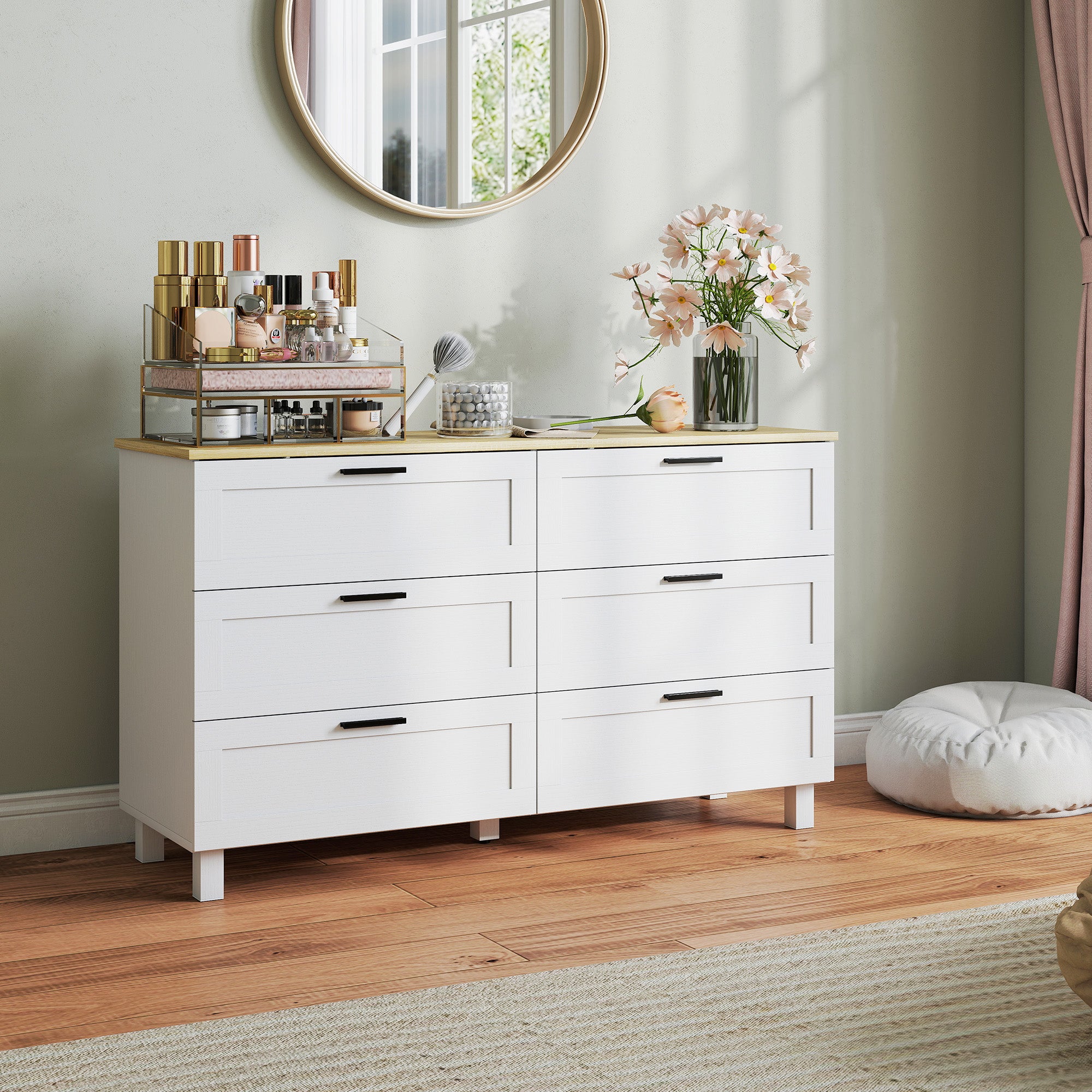 6-Drawer Dresser, Storage Cabinet with Pine Legs, Modern Style, for Bedroom, Living Room, Hallway, 47.2 x 15.0 x 28.0 in, Natural Wood & White