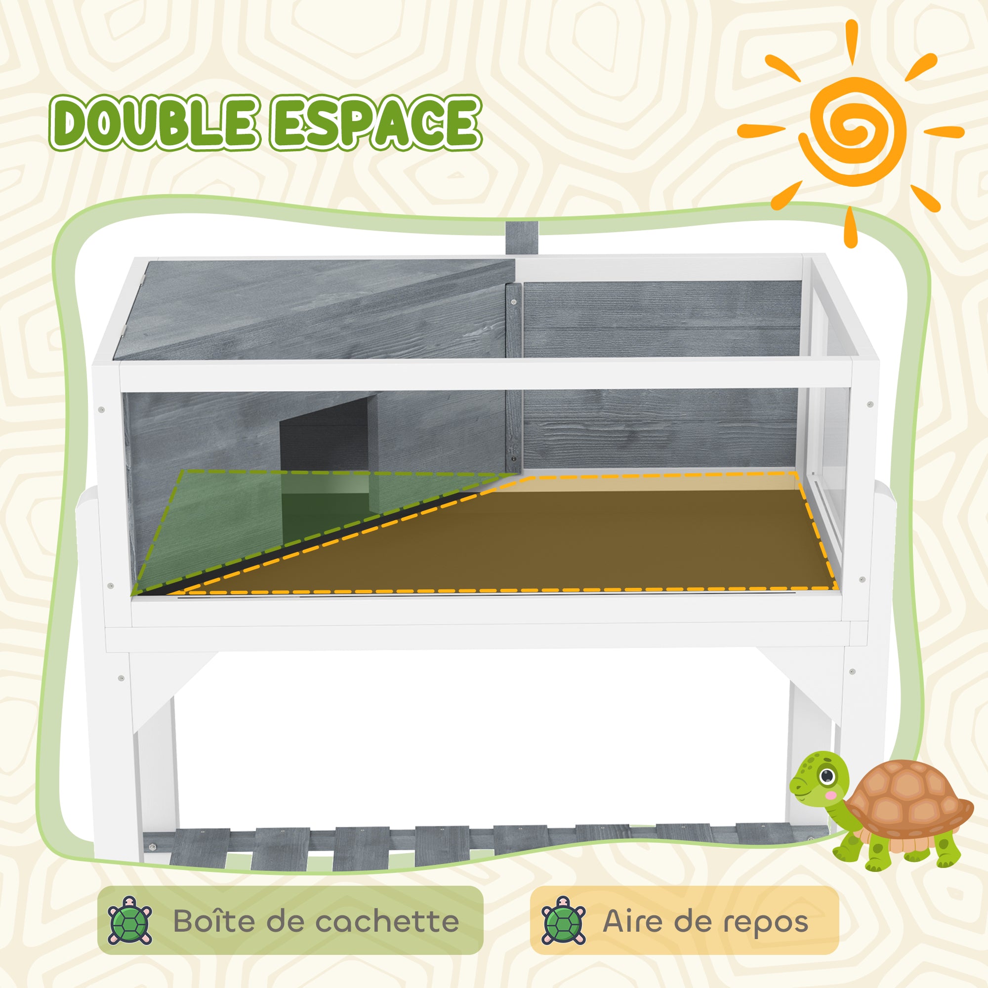 2-Zone Raised Tortoise Enclosure with Opening Top, Lamp Mount & Panoramic View – 84.5 x 47.5 x 90 cm (Gray)