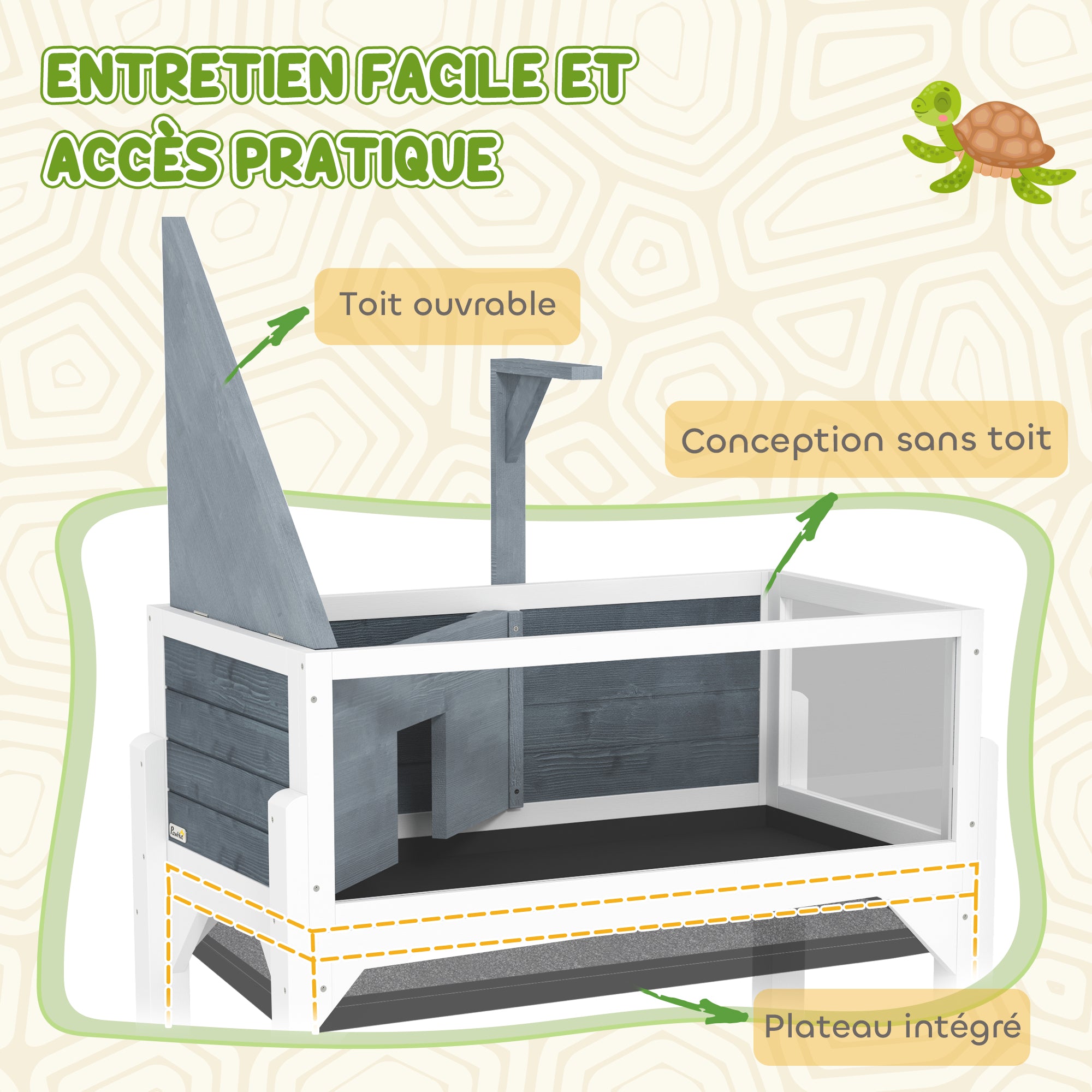 2-Zone Raised Tortoise Enclosure with Opening Top, Lamp Mount & Panoramic View – 84.5 x 47.5 x 90 cm (Gray)