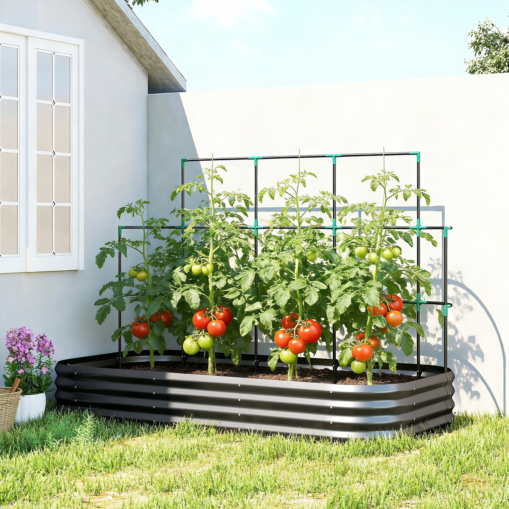 Raised Garden Bed with Trellis, Galvanized Metal Planter with Protective Edge & Gloves for Herbs, Vegetables, Flowers — 86.6 x 43.3 x 59.1 in (220 x 110 x 150 cm), Dark Gray