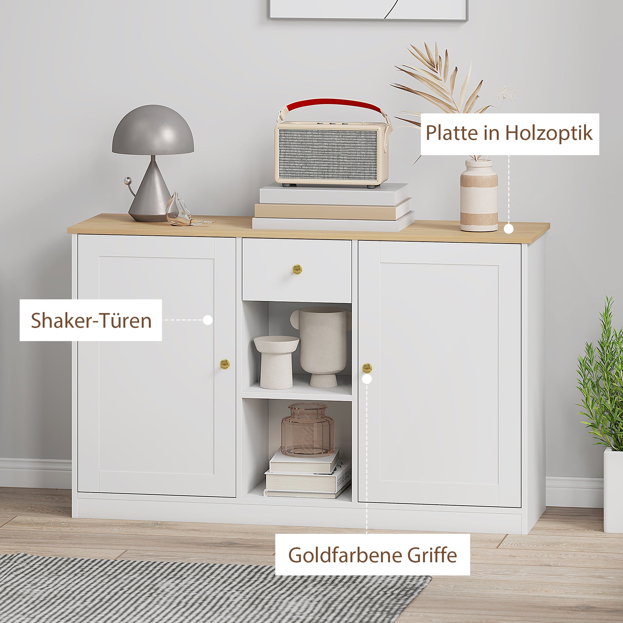 Sideboard Chest of Drawers Storage Cabinet with Drawer, 2 Doors, 2 Open Shelves, Kitchen Cabinet Buffet Cabinet Sideboard for Kitchen, Living Room, 120 x 35 x 75.2 cm White
