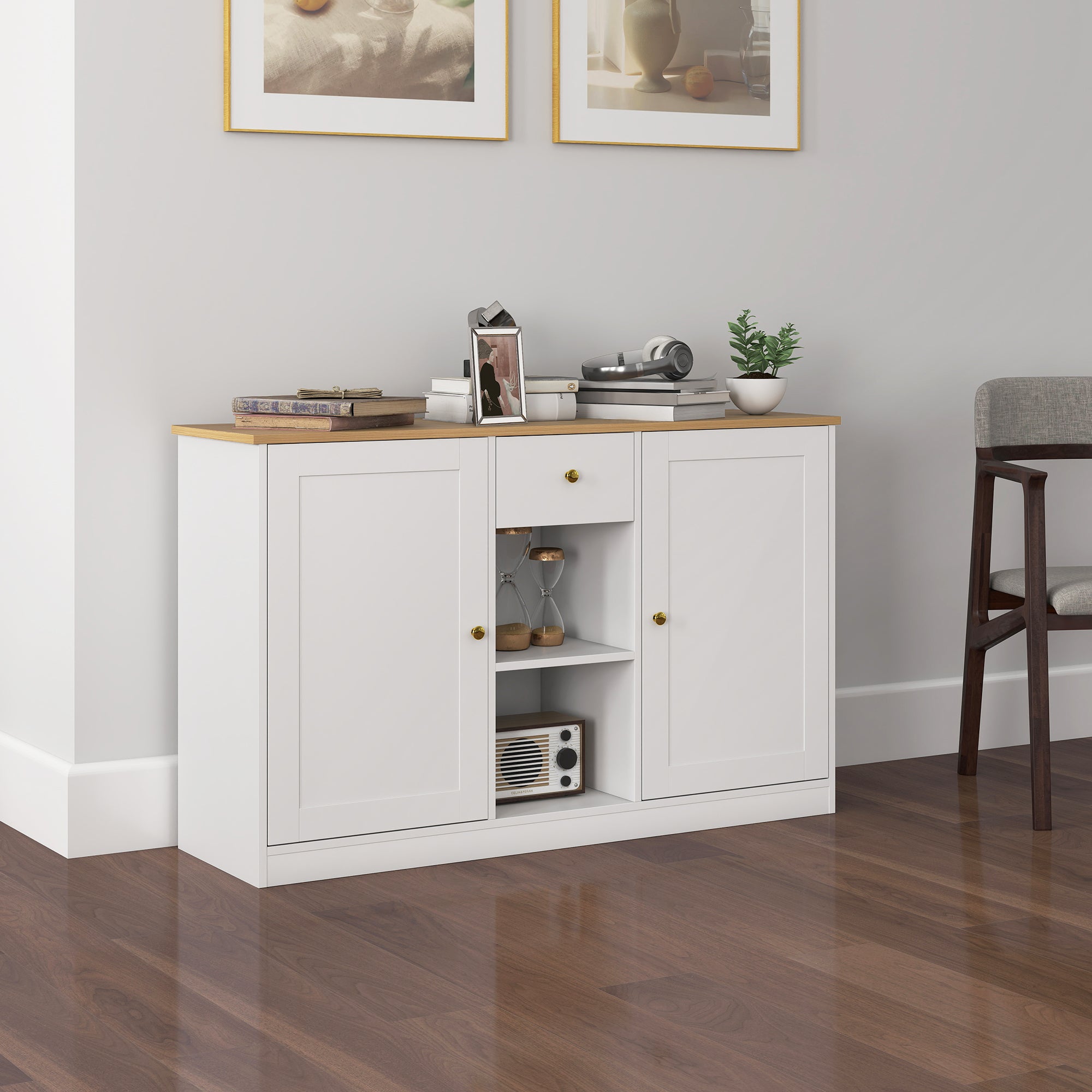 Sideboard Chest of Drawers Storage Cabinet with Drawer, 2 Doors, 2 Open Shelves, Kitchen Cabinet Buffet Cabinet Sideboard for Kitchen, Living Room, 120 x 35 x 75.2 cm White