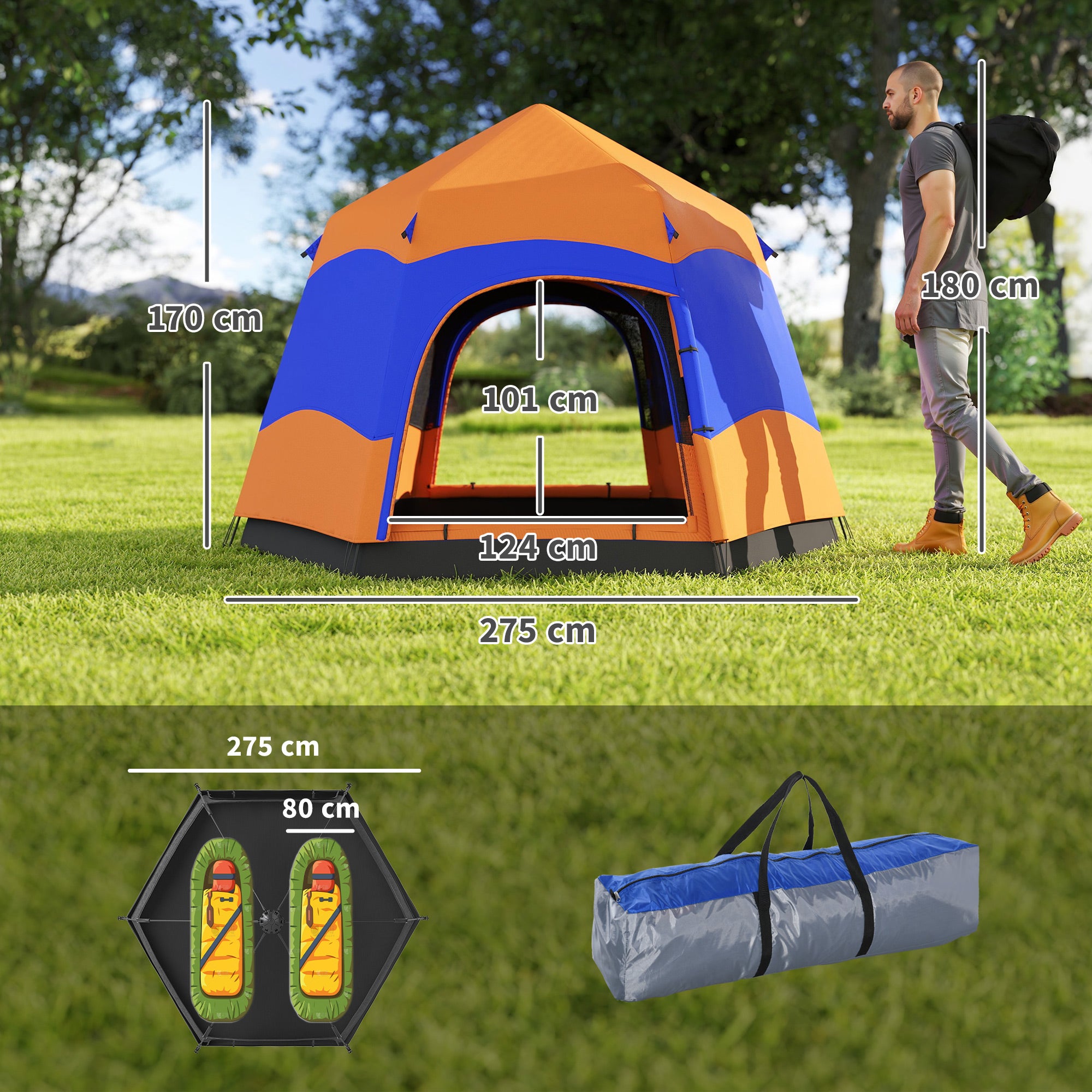 Double-Layer Instant Pop-Up Tent with Rainfly, Outdoor Family Tent for 4 People Waterproof Hexagonal 4-Season Dome Tent with Groundsheet 2 Doors Mosquito Net Carry Bag Orange