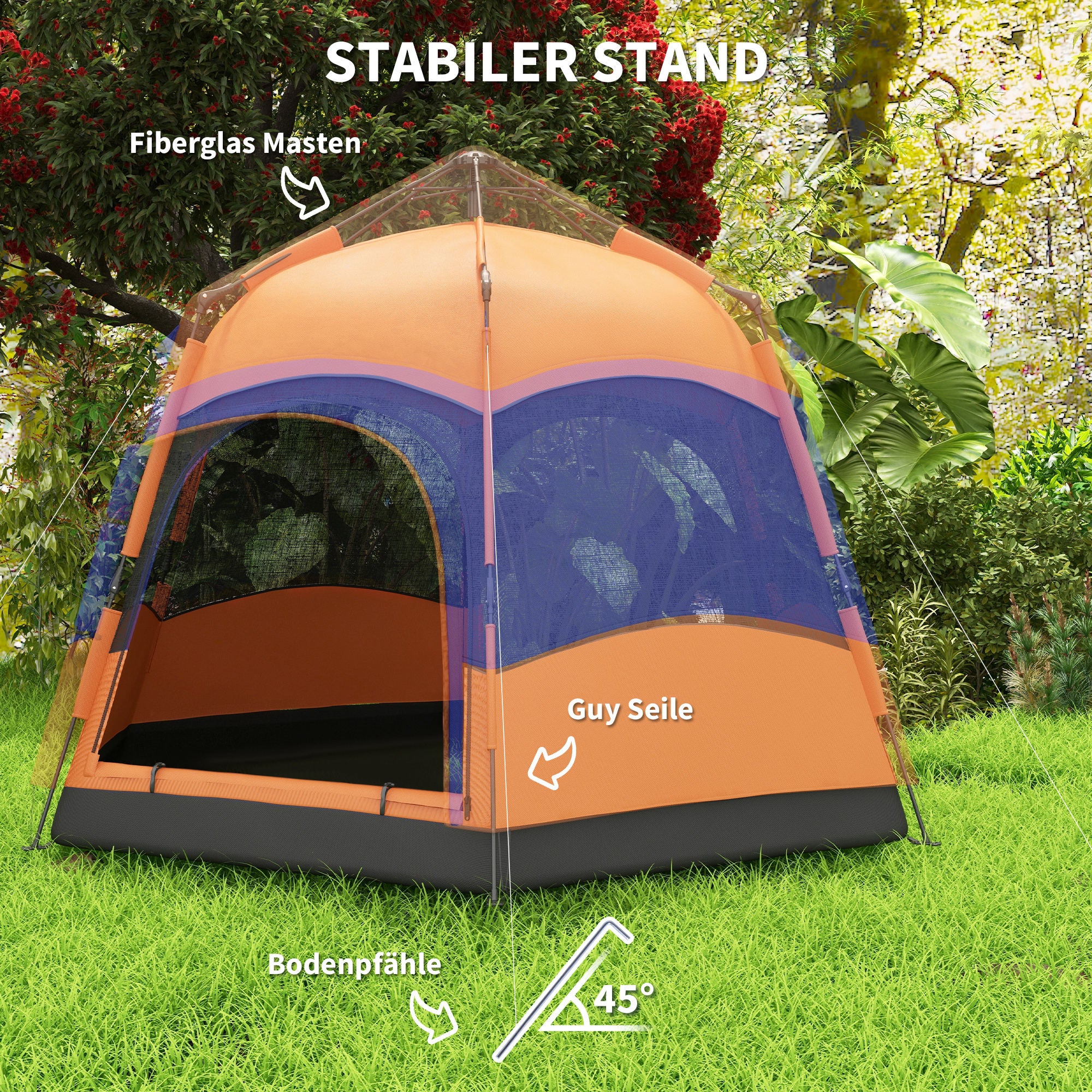 Double-Layer Instant Pop-Up Tent with Rainfly, Outdoor Family Tent for 4 People Waterproof Hexagonal 4-Season Dome Tent with Groundsheet 2 Doors Mosquito Net Carry Bag Orange