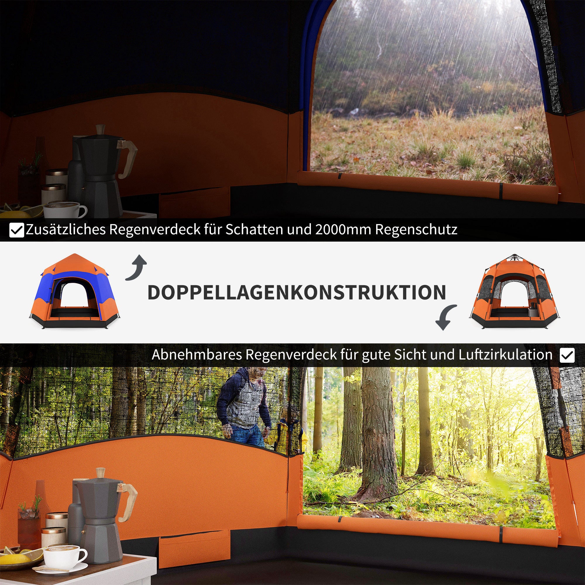 Double-Layer Instant Pop-Up Tent with Rainfly, Outdoor Family Tent for 4 People Waterproof Hexagonal 4-Season Dome Tent with Groundsheet 2 Doors Mosquito Net Carry Bag Orange
