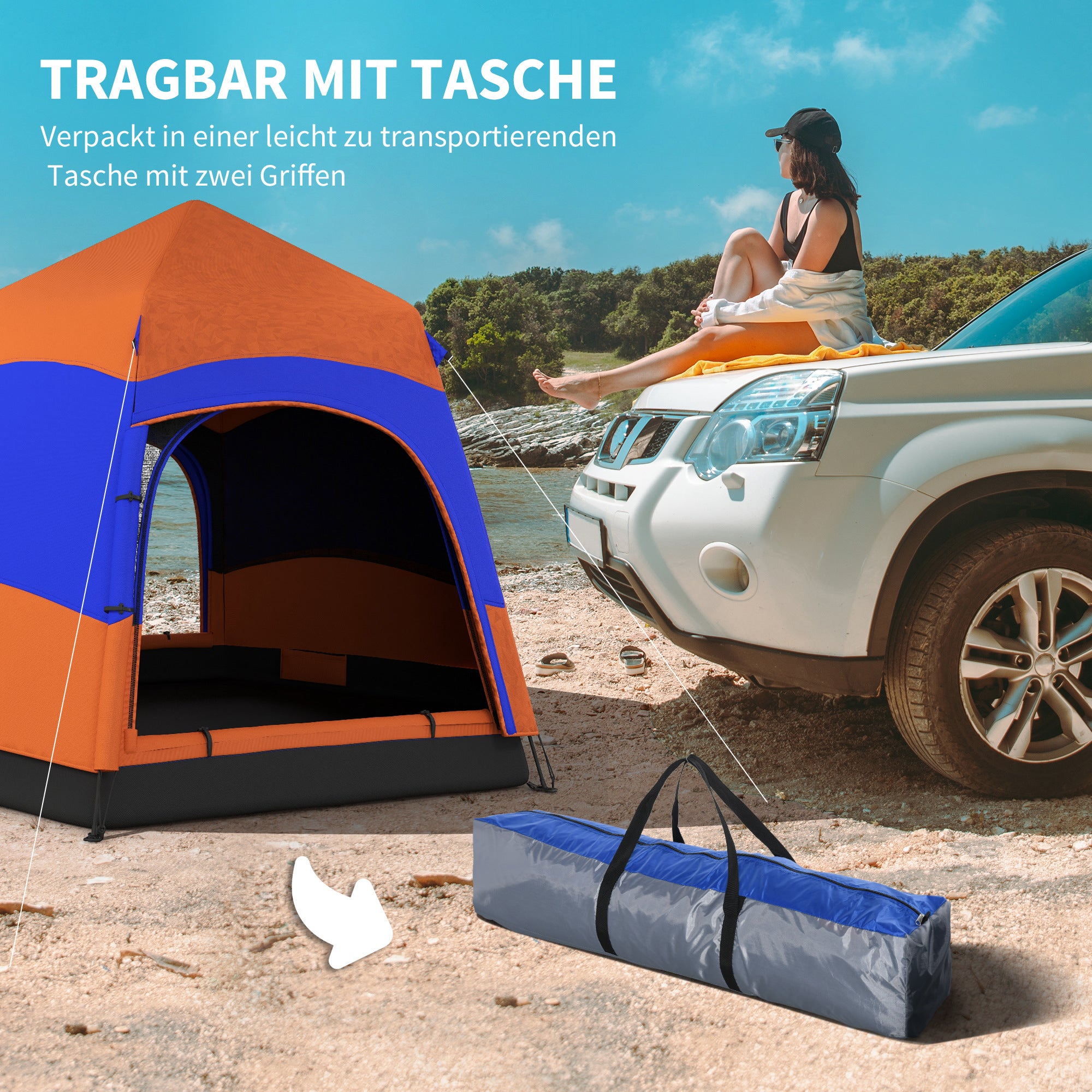 Double-Layer Instant Pop-Up Tent with Rainfly, Outdoor Family Tent for 4 People Waterproof Hexagonal 4-Season Dome Tent with Groundsheet 2 Doors Mosquito Net Carry Bag Orange