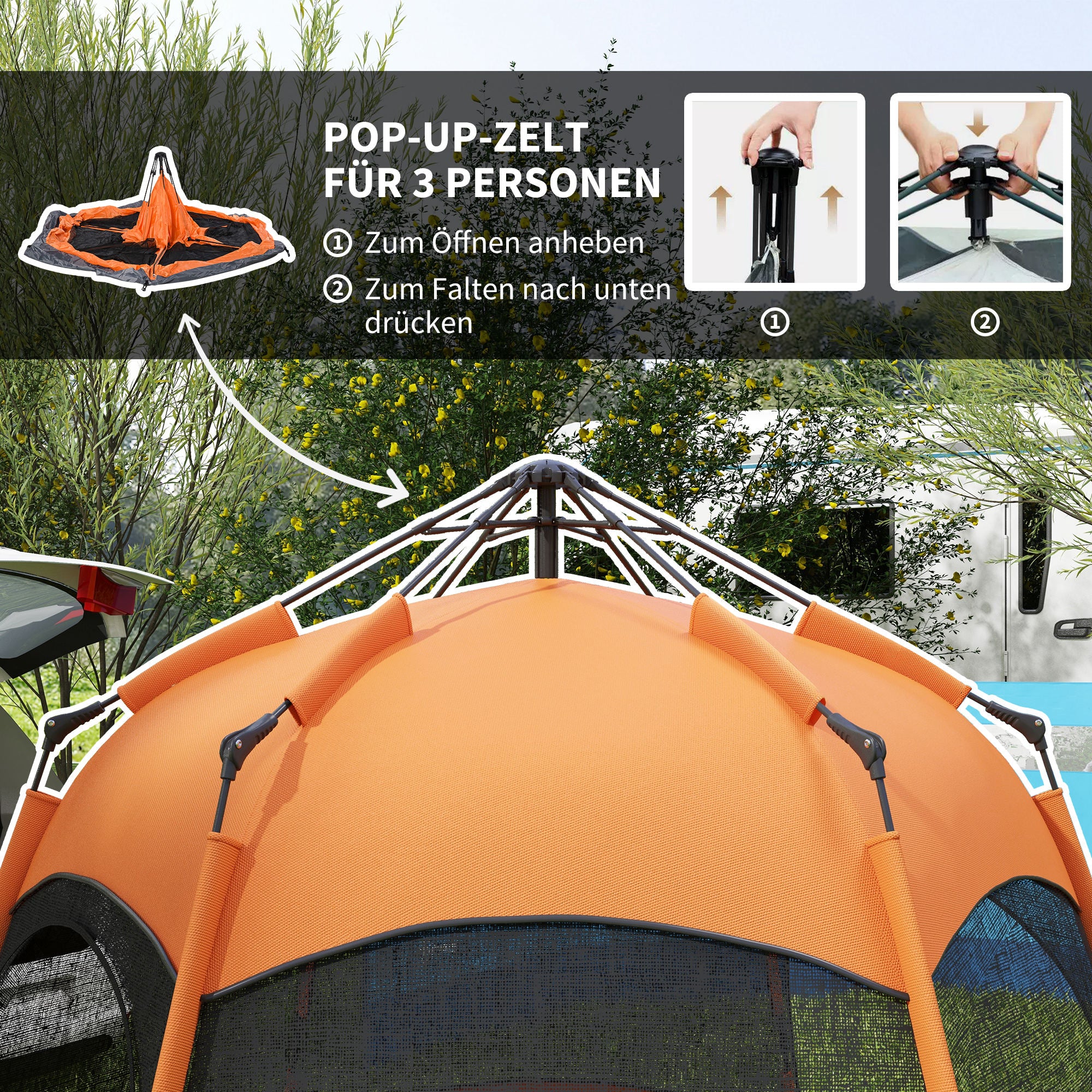 Double-Layer Instant Pop-Up Tent with Rainfly, Outdoor Family Tent for 4 People Waterproof Hexagonal 4-Season Dome Tent with Groundsheet 2 Doors Mosquito Net Carry Bag Orange