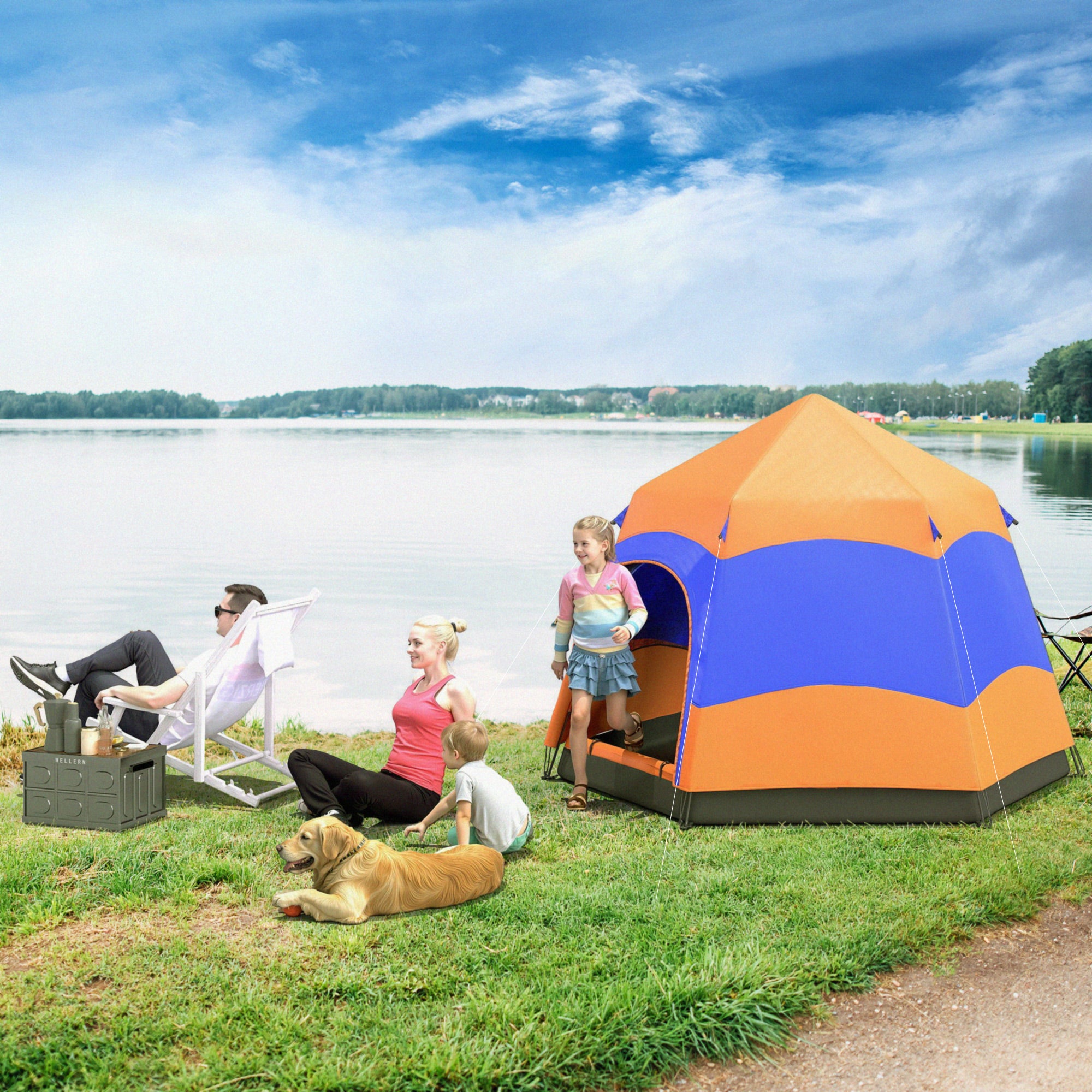 Double-Layer Instant Pop-Up Tent with Rainfly, Outdoor Family Tent for 4 People Waterproof Hexagonal 4-Season Dome Tent with Groundsheet 2 Doors Mosquito Net Carry Bag Orange