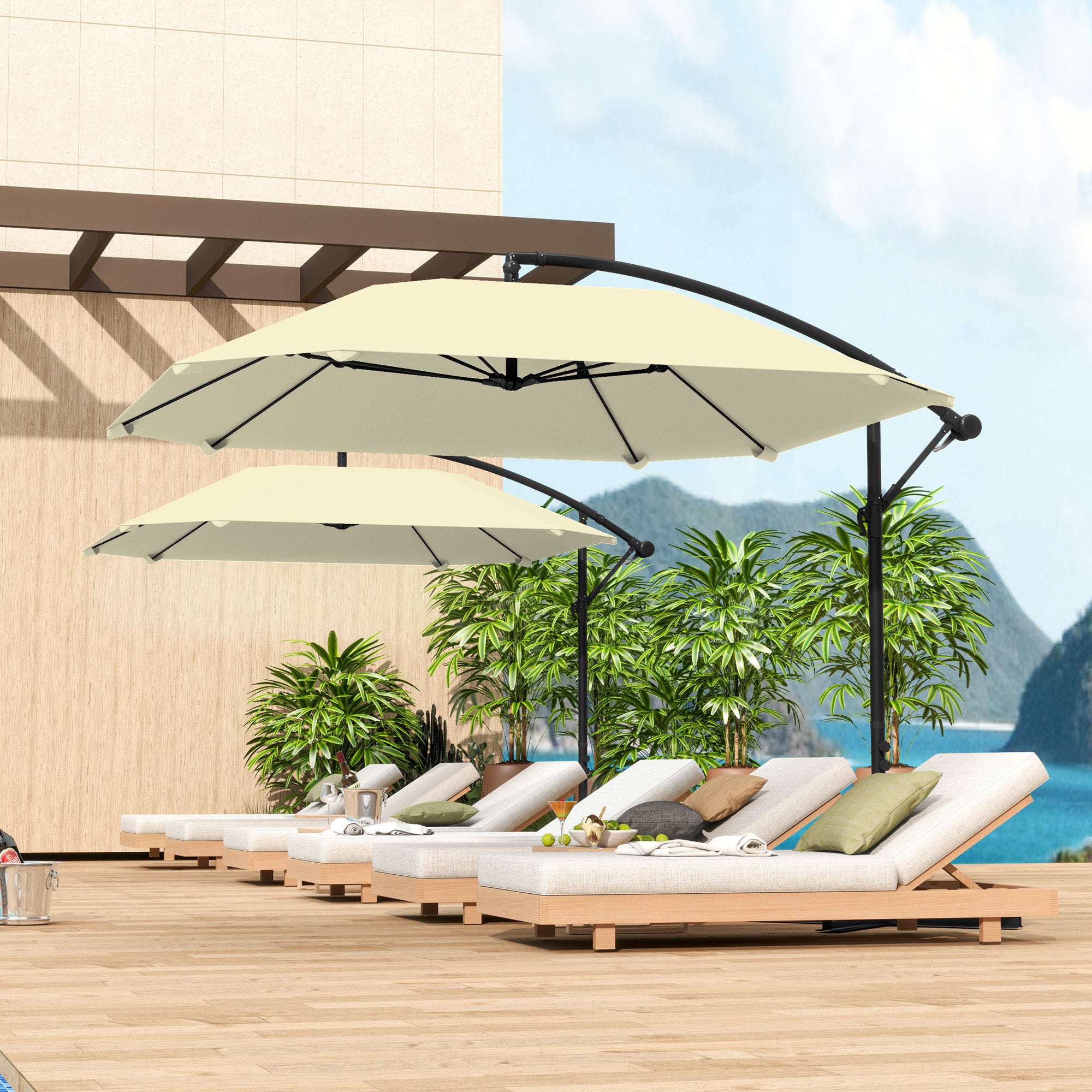 Offset Umbrella 2.6x2.6 m with Air Vents, 8 Ribs, Cross Base, and Crank, Tiltable and 360° Rotating Garden Umbrella in Metal and Polyester 180 g/m², Cream