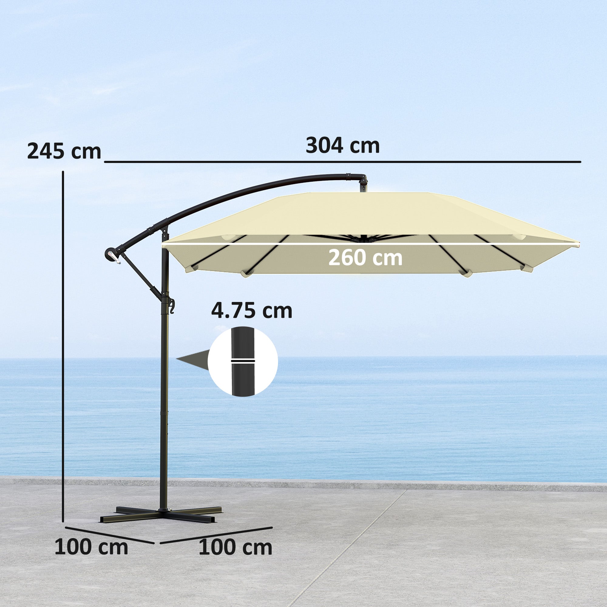 Offset Umbrella 2.6x2.6 m with Air Vents, 8 Ribs, Cross Base, and Crank, Tiltable and 360° Rotating Garden Umbrella in Metal and Polyester 180 g/m², Cream