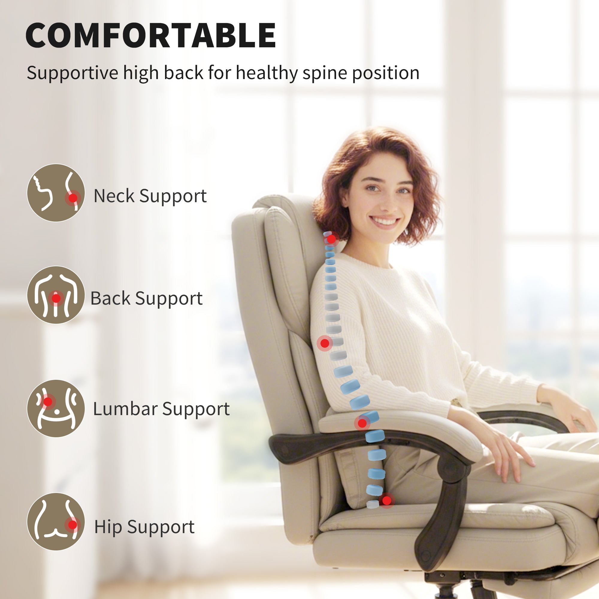 Ergonomic Office Chair with Adjustable Backrest, Retractable Footrest, Padded Faux Leather Swivel Seat, Height Adjustable — Beige