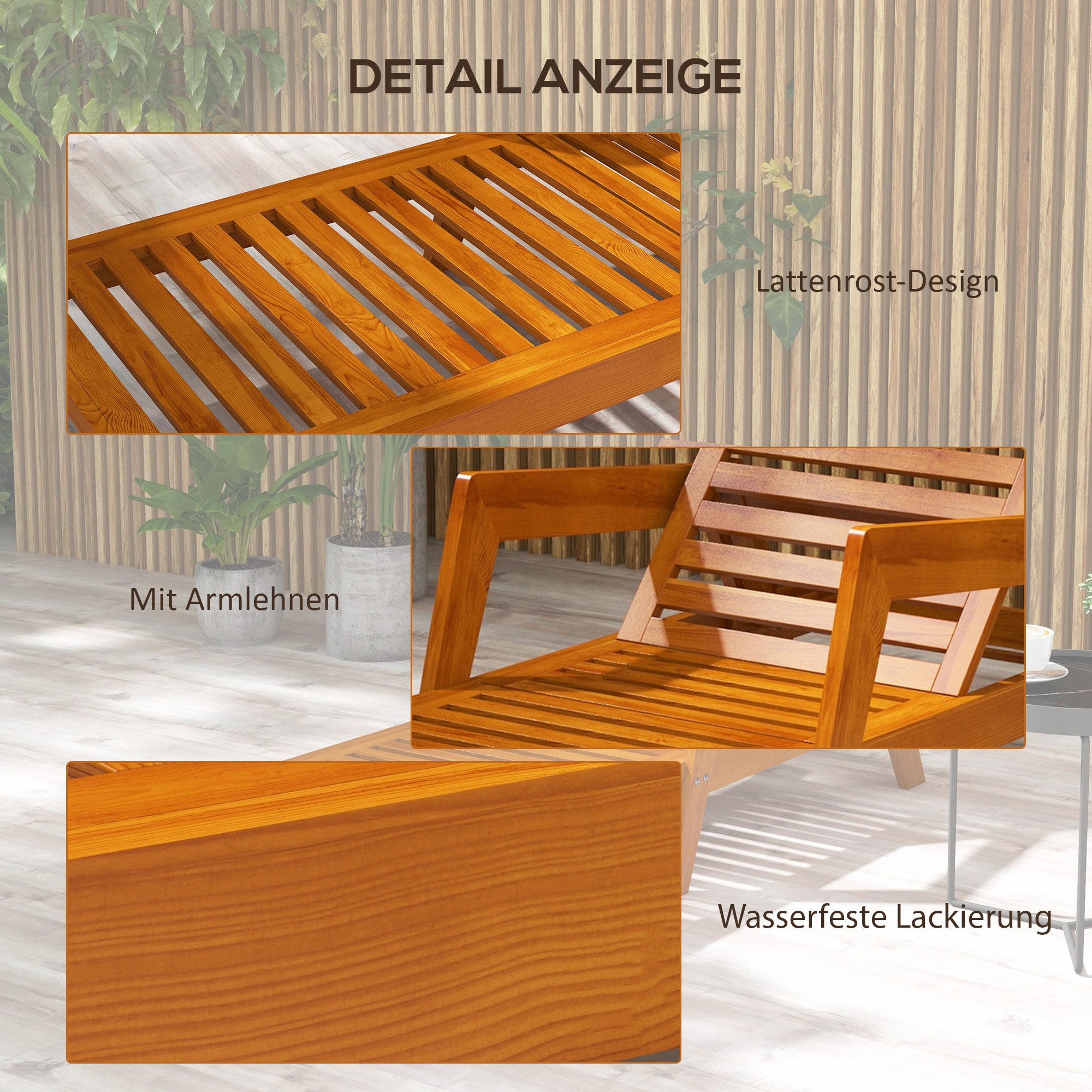 Sun Lounger, Wooden Garden Lounger, Recliner, Weatherproof Relaxation Chair for Balcony, Terrace, Supports up to 120 kg, Orange, 66 x 190 x 73.5 cm