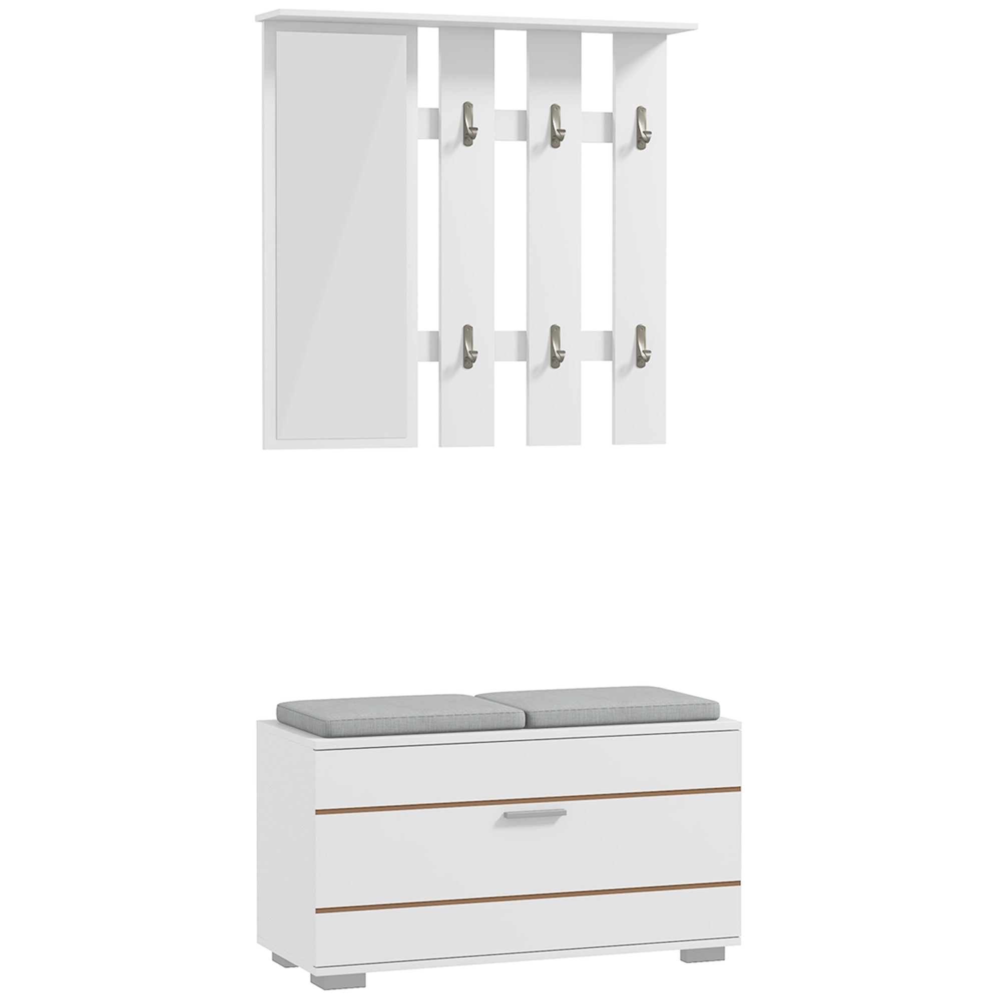 4 in 1 Furniture Set for Entryway with Coat Rack, Mirror, Bench with Cushions, and Shoe Cabinet for 8 Pairs of Shoes, White