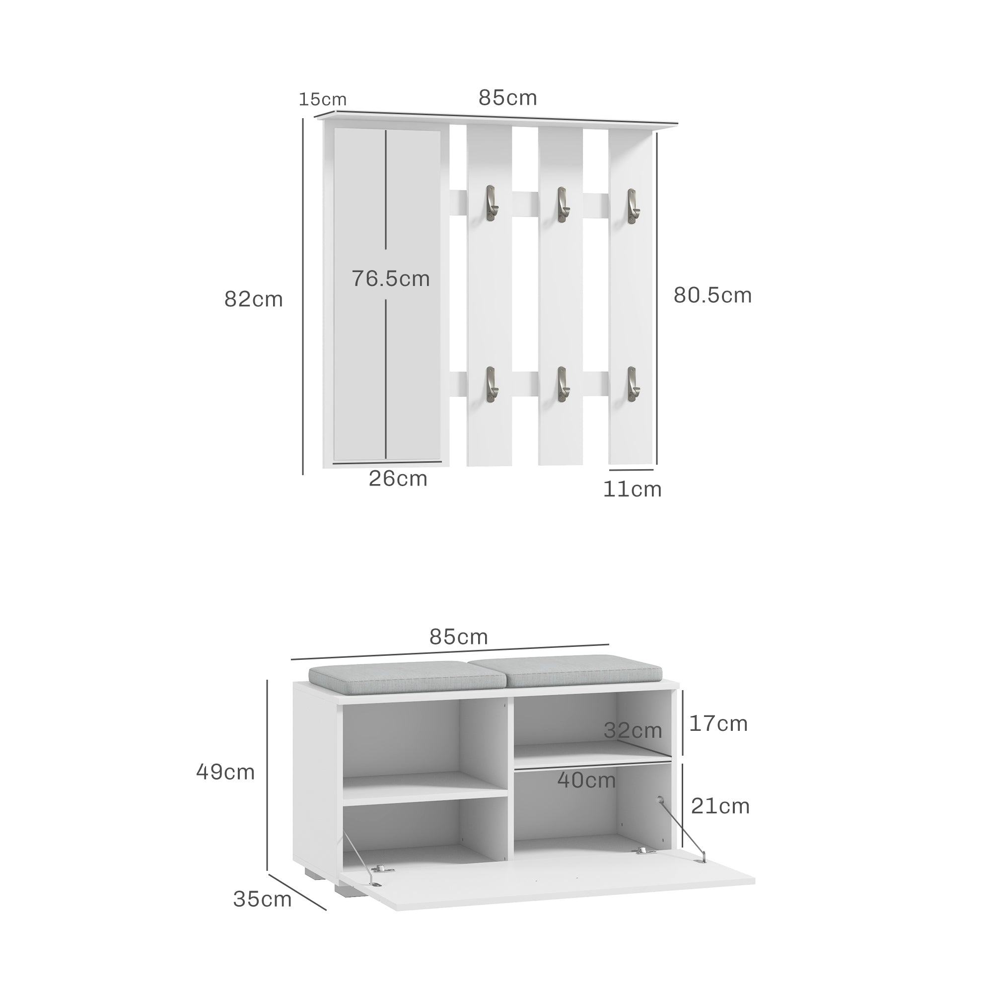 4 in 1 Furniture Set for Entryway with Coat Rack, Mirror, Bench with Cushions, and Shoe Cabinet for 8 Pairs of Shoes, White