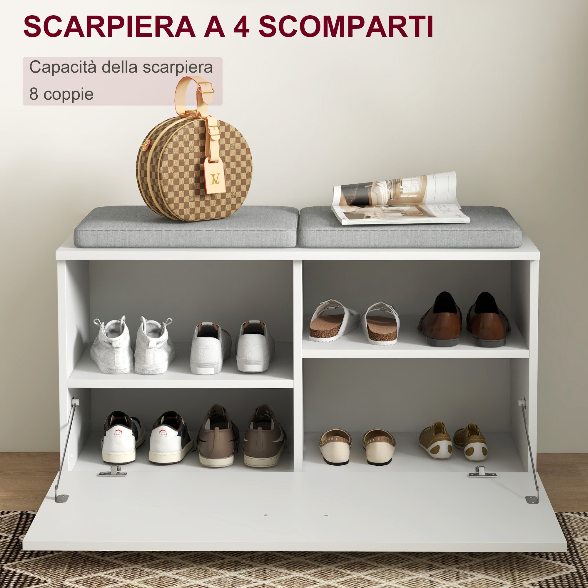 4 in 1 Furniture Set for Entryway with Coat Rack, Mirror, Bench with Cushions, and Shoe Cabinet for 8 Pairs of Shoes, White