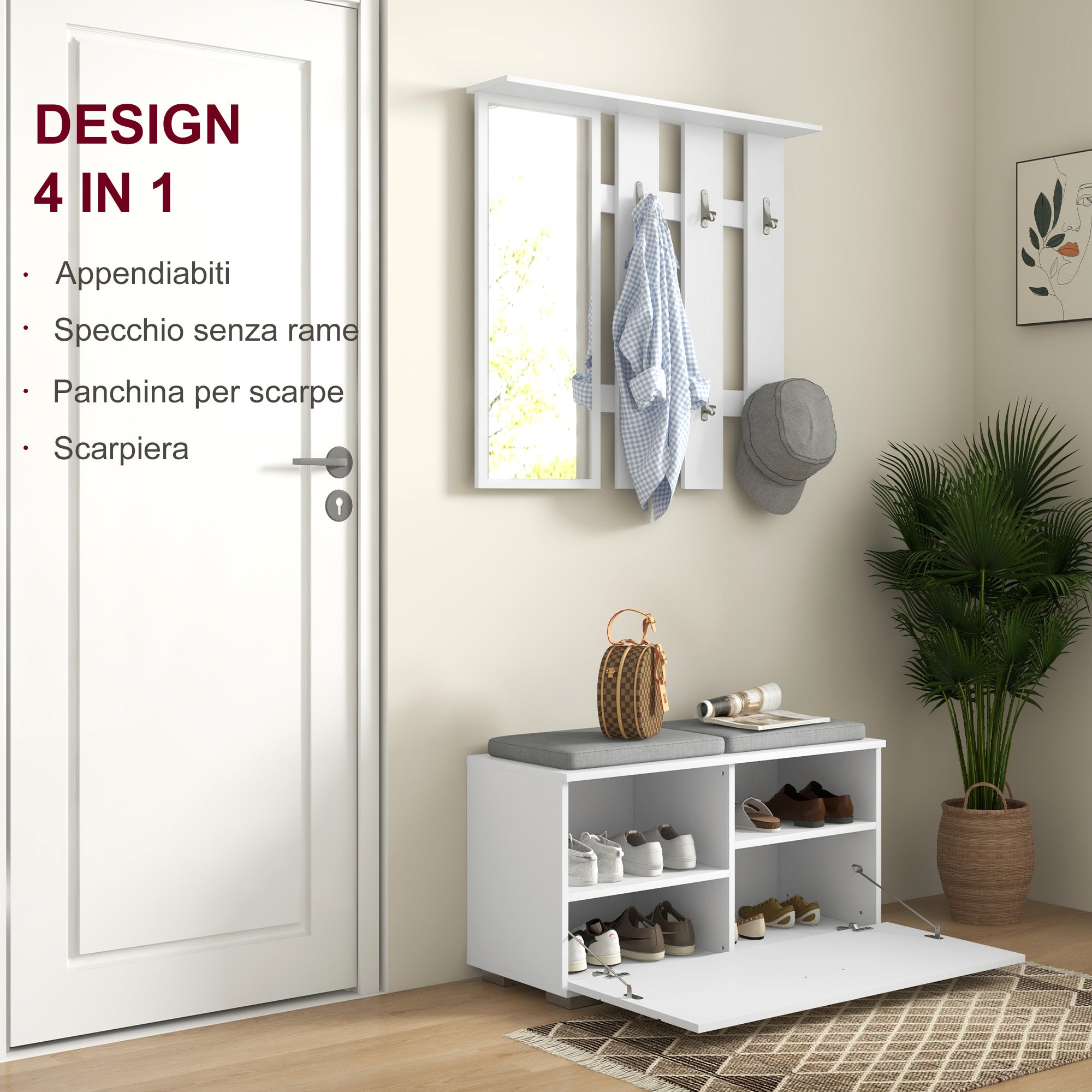 4 in 1 Furniture Set for Entryway with Coat Rack, Mirror, Bench with Cushions, and Shoe Cabinet for 8 Pairs of Shoes, White