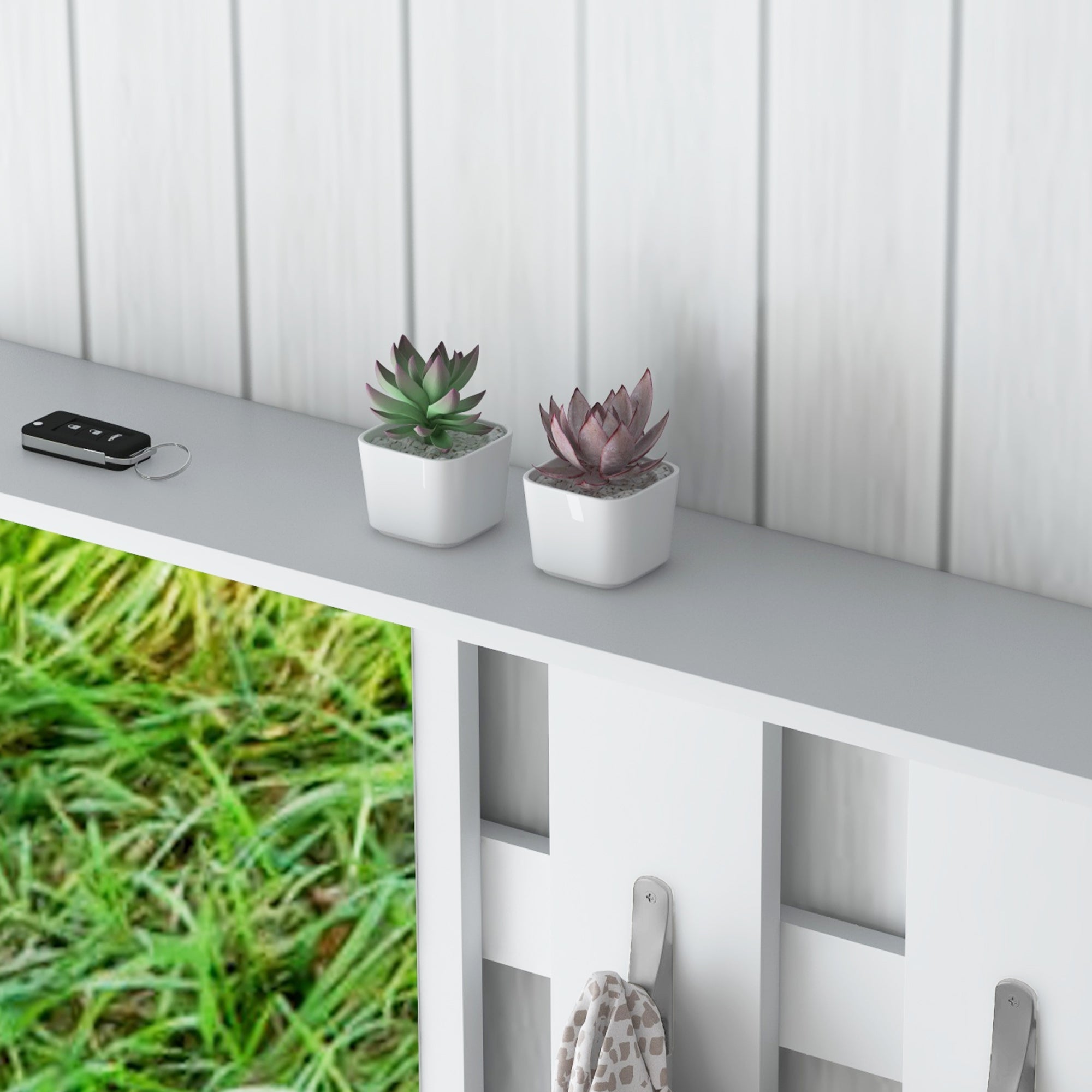 4 in 1 Furniture Set for Entryway with Coat Rack, Mirror, Bench with Cushions, and Shoe Cabinet for 8 Pairs of Shoes, White