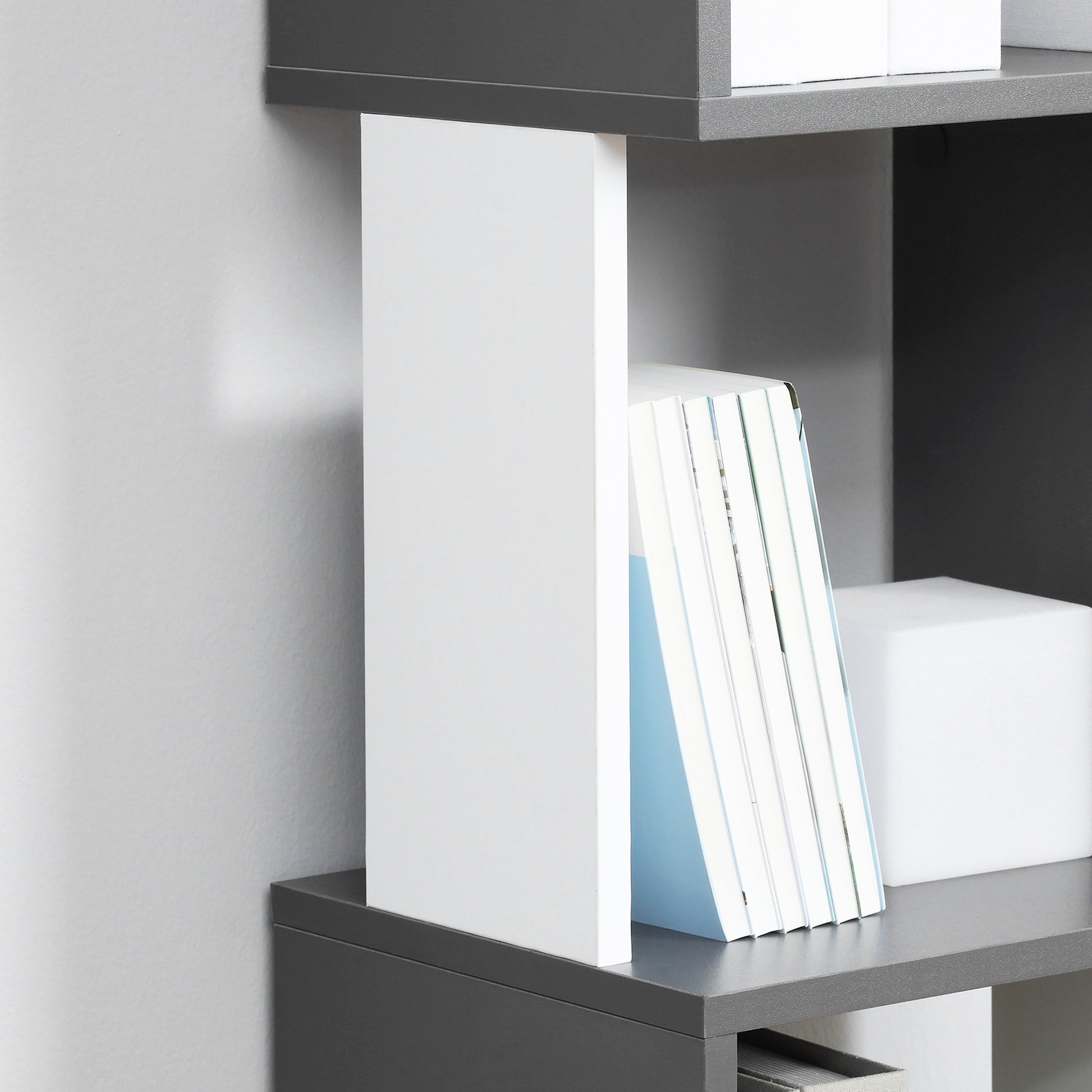 Modern 5-Shelf Wooden Bookcase, Wall-Mounted Space-Saving Bookshelf for Home and Office, 33x28x161cm, Dark Grey and Cream White