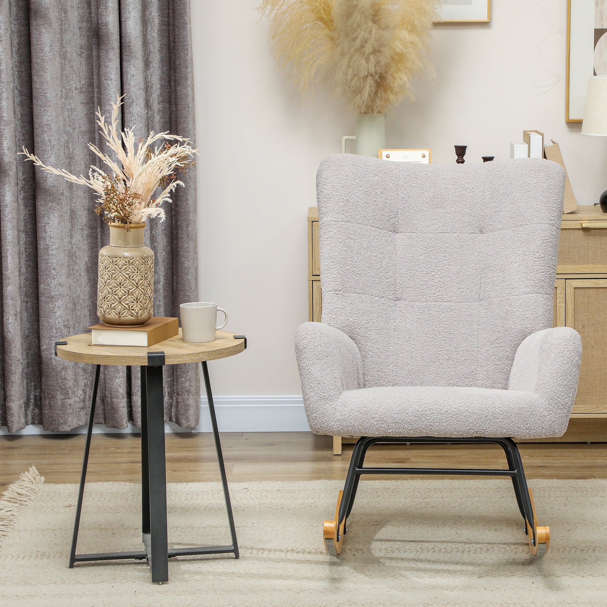 Rocking Chair, Rocking Armchair with Armrest, Teddy Velvet Look, Relax Armchair with Wooden Runners, Rocking Chair Nursing Chair for Bedroom, Living Room, Light Gray