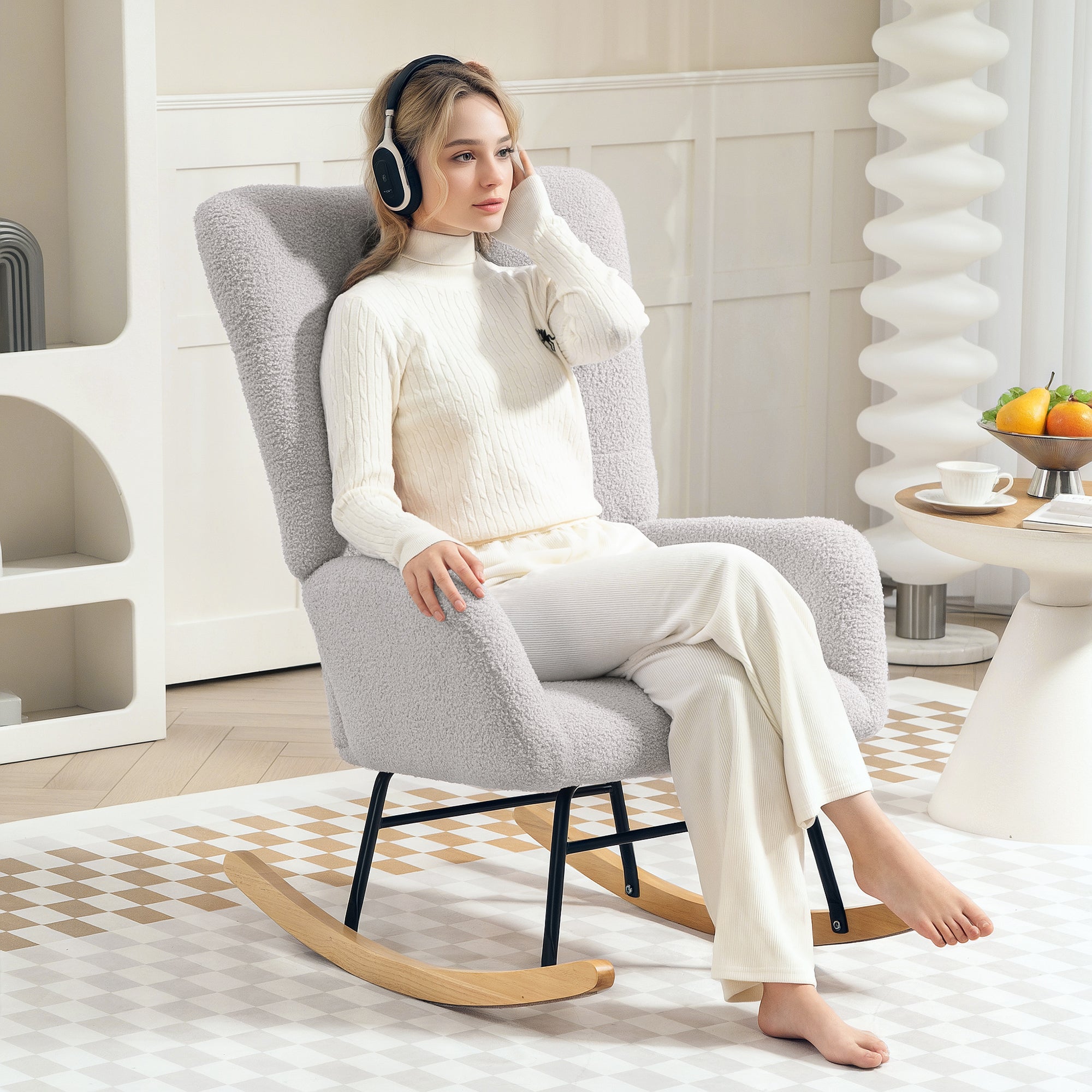 Rocking Chair, Rocking Armchair with Armrest, Teddy Velvet Look, Relax Armchair with Wooden Runners, Rocking Chair Nursing Chair for Bedroom, Living Room, Light Gray