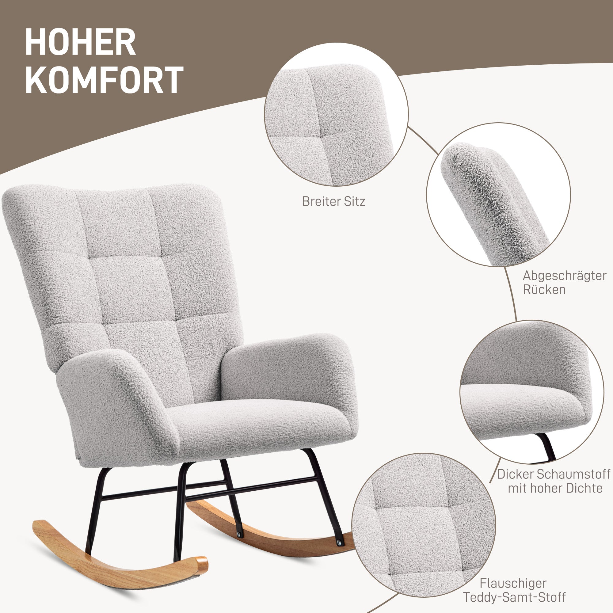 Rocking Chair, Rocking Armchair with Armrest, Teddy Velvet Look, Relax Armchair with Wooden Runners, Rocking Chair Nursing Chair for Bedroom, Living Room, Light Gray