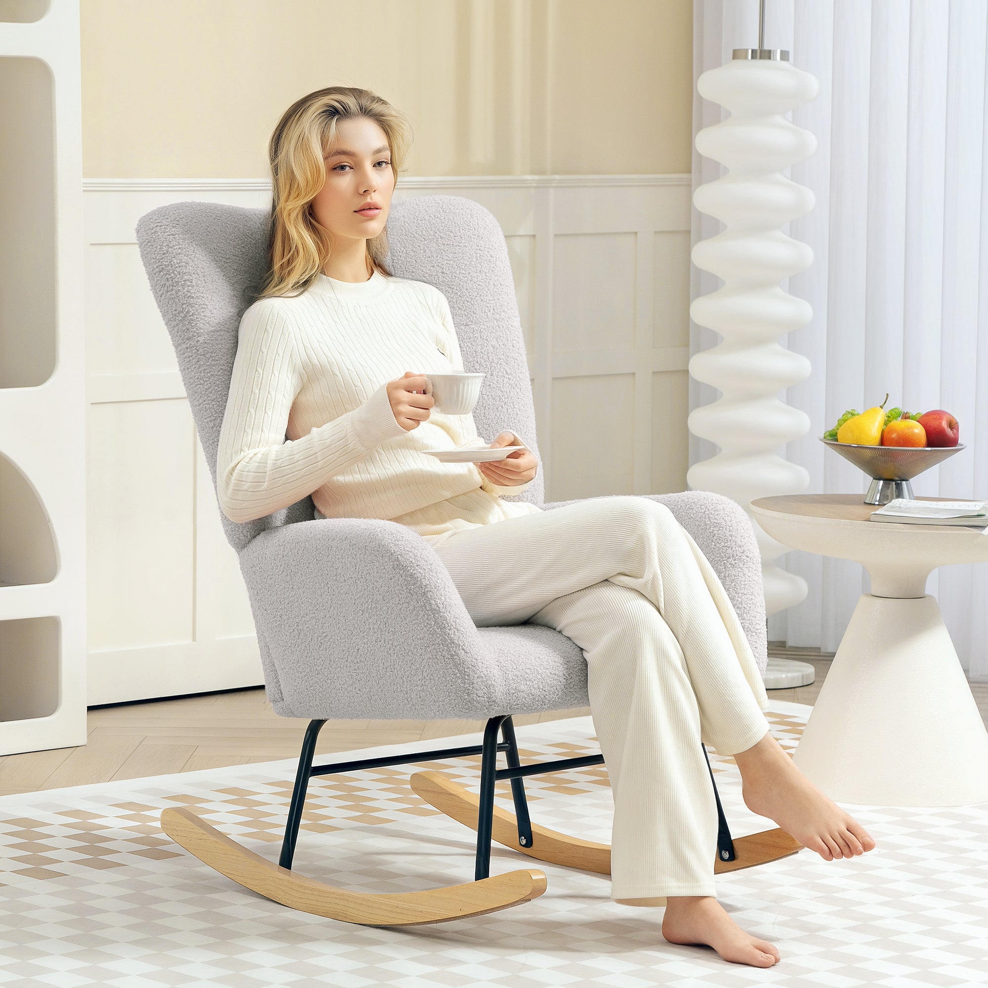 Rocking Chair, Rocking Armchair with Armrest, Teddy Velvet Look, Relax Armchair with Wooden Runners, Rocking Chair Nursing Chair for Bedroom, Living Room, Light Gray