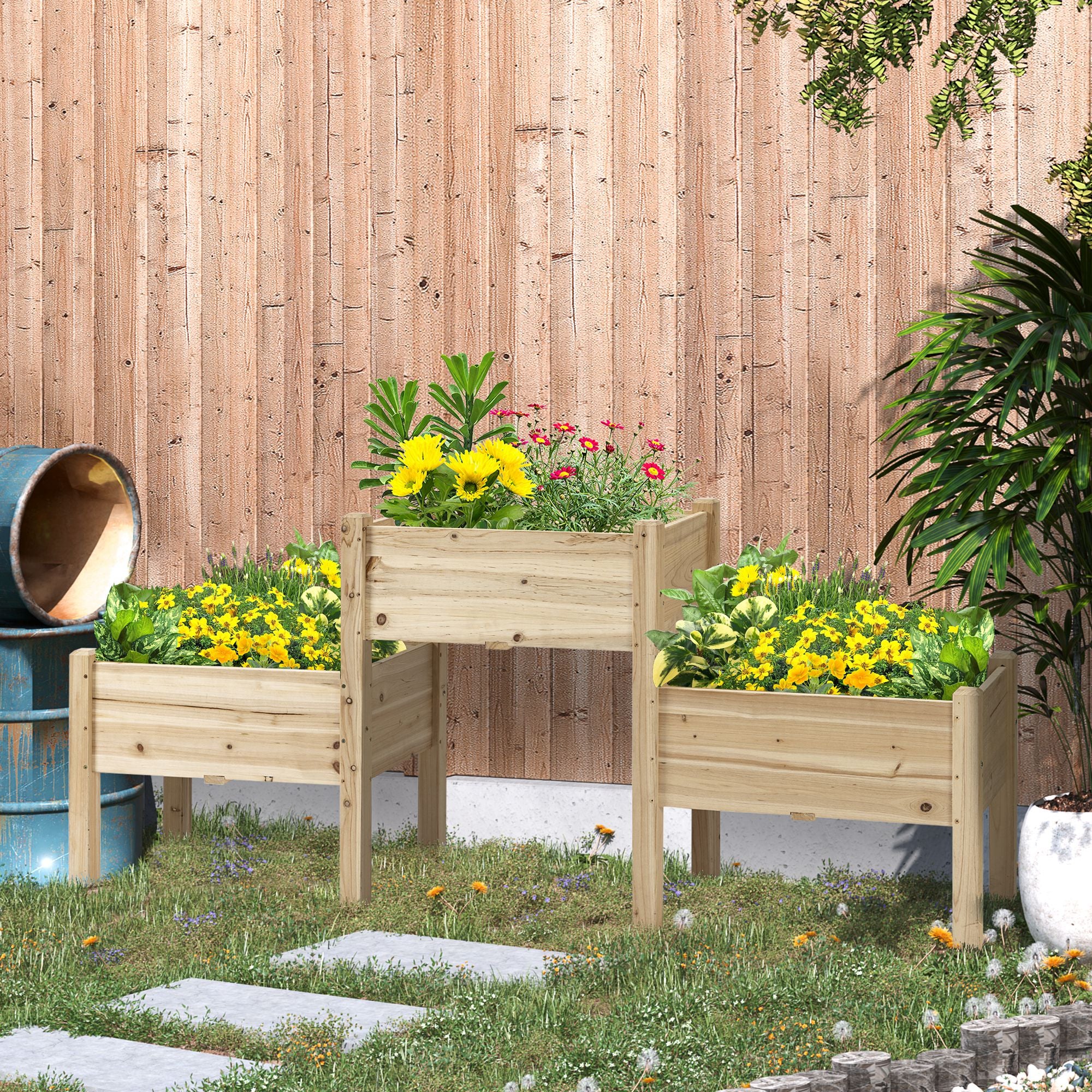 Triple-Tiered Raised Garden Bed with 3 Double-Level Containers 184L x 45W x 80H cm Pre-Oiled Fir Wood Inserts for Irrigation